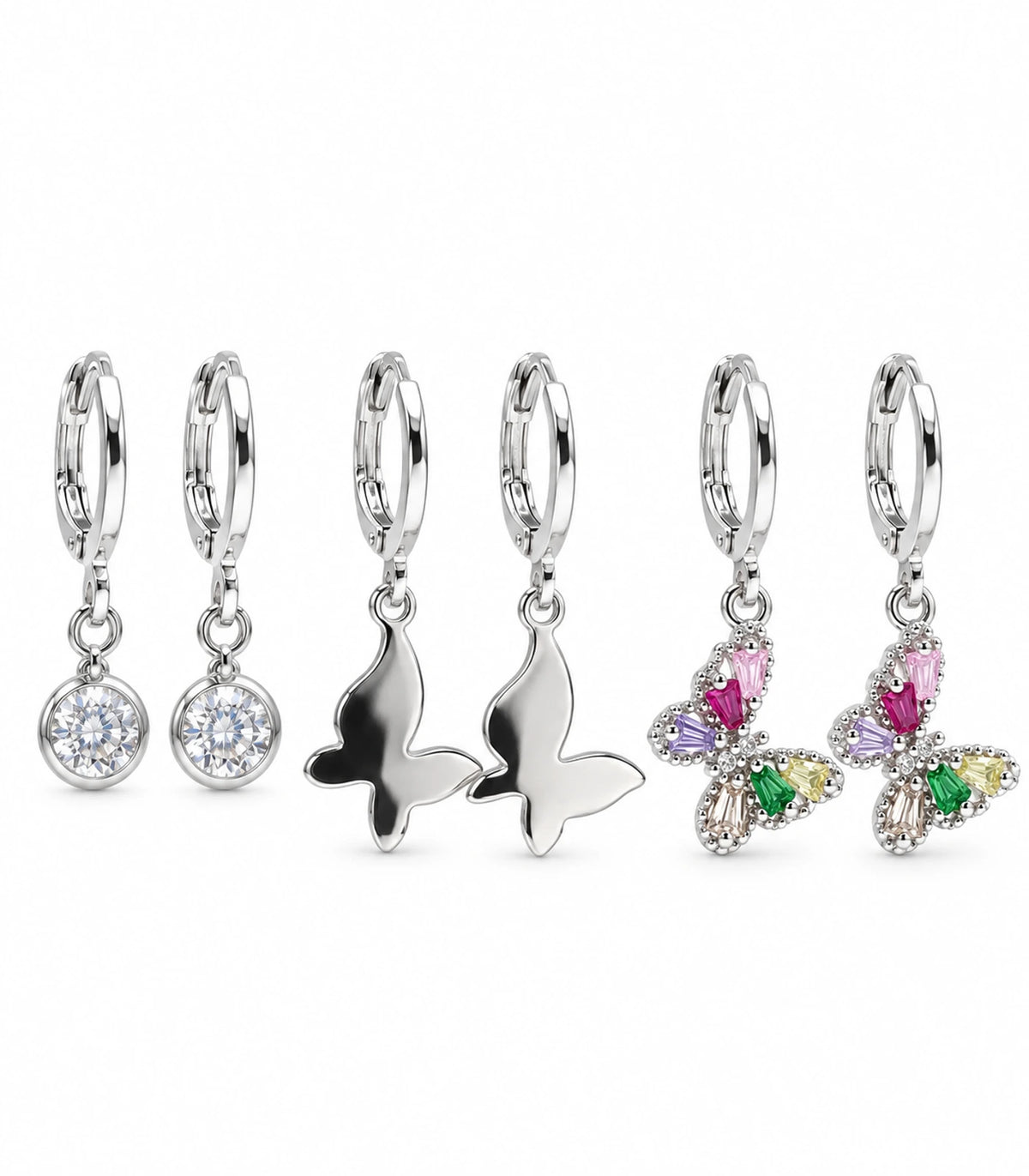 Complete three-pair silver-tone hoop earring set: clear crystals, smooth butterflies and multicolour crystal butterflies, six earrings