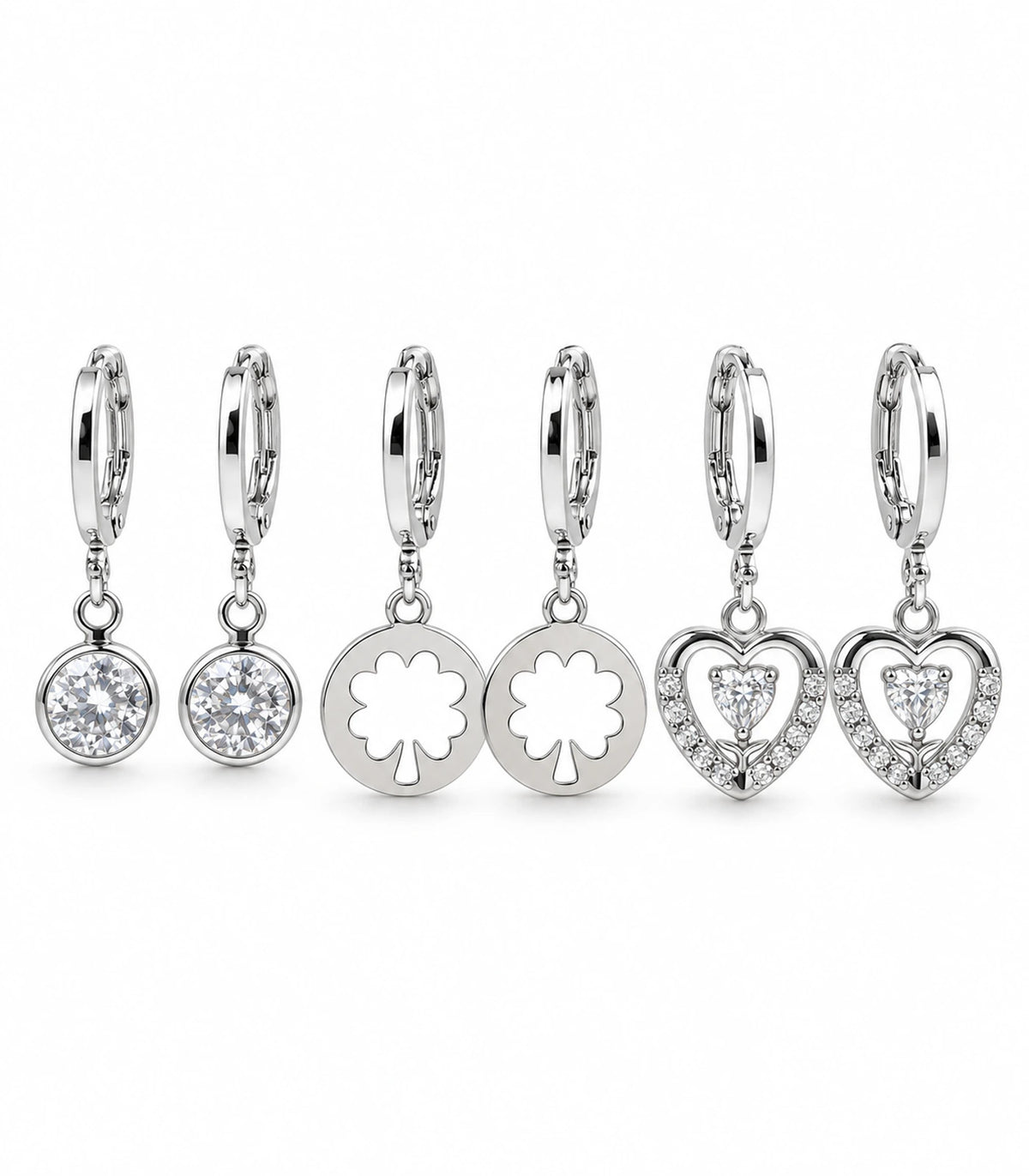 Silver-tone three-pair hoop earring set on a white background