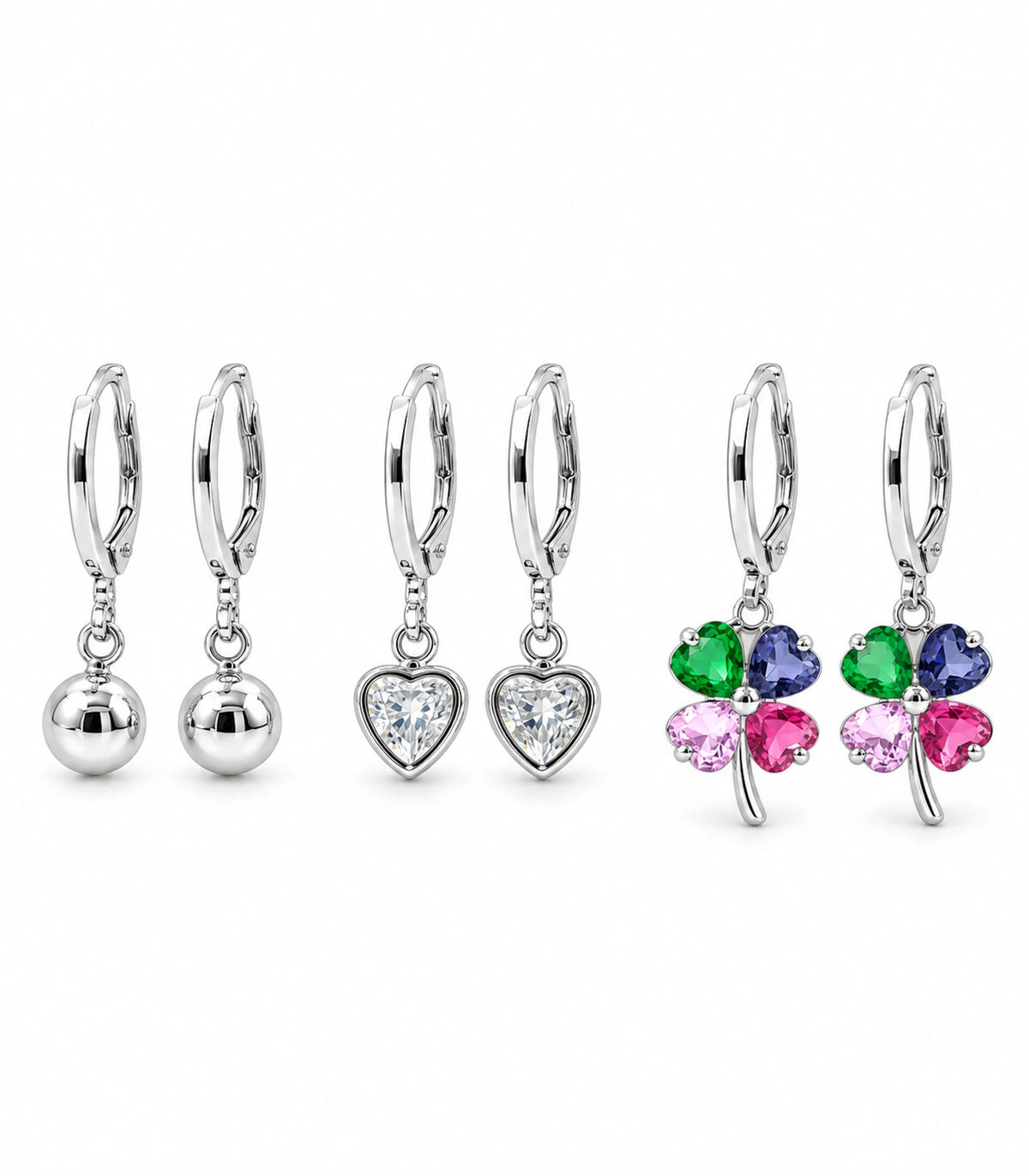 Complete silver-tone three-pair hoop earring set: ball, clear heart crystal and multicolour clover pairs — white-background