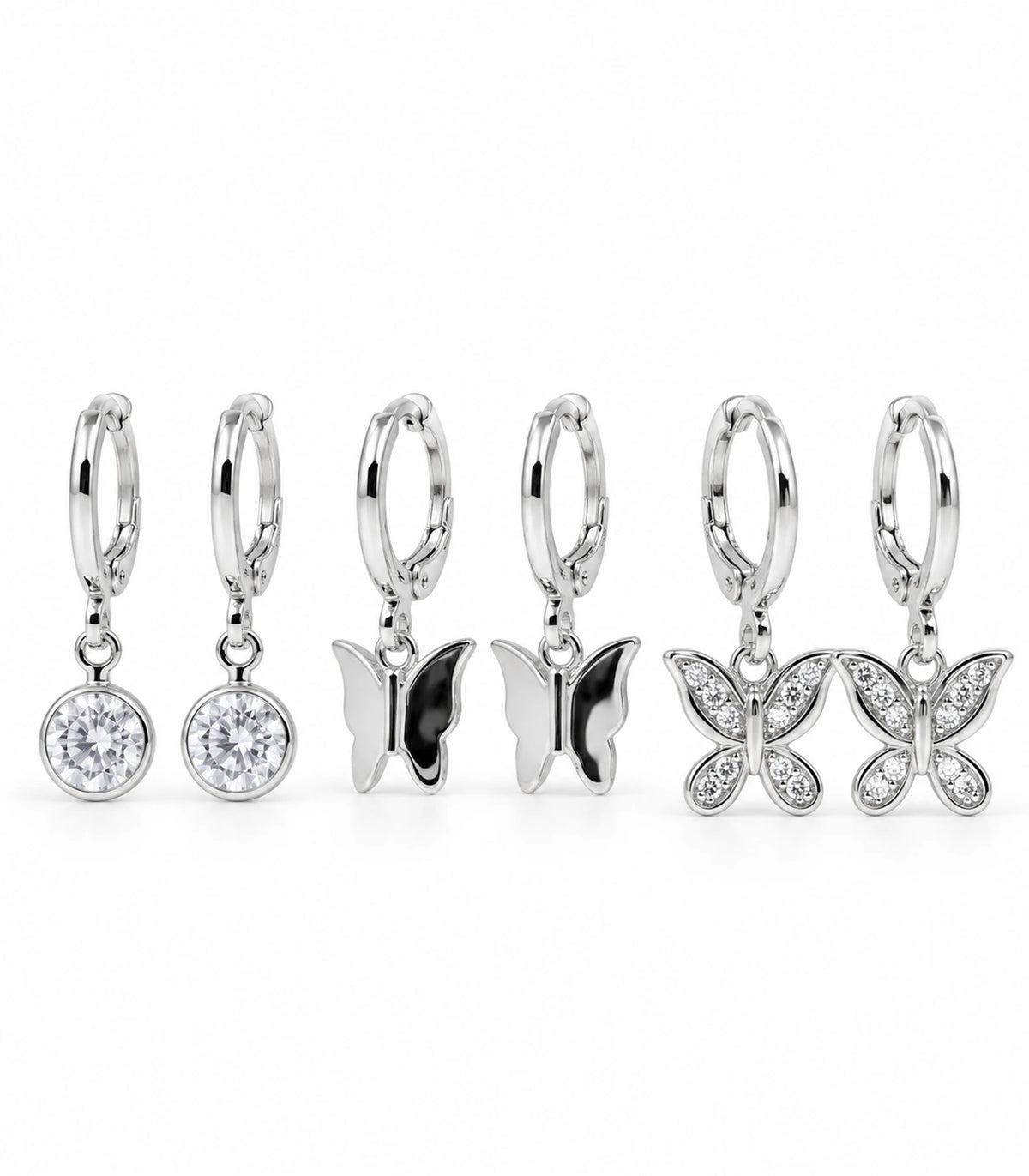 Silver Tone Three-Pair Crystal Butterfly Charm Hoop Earring Set — complete six-earring set