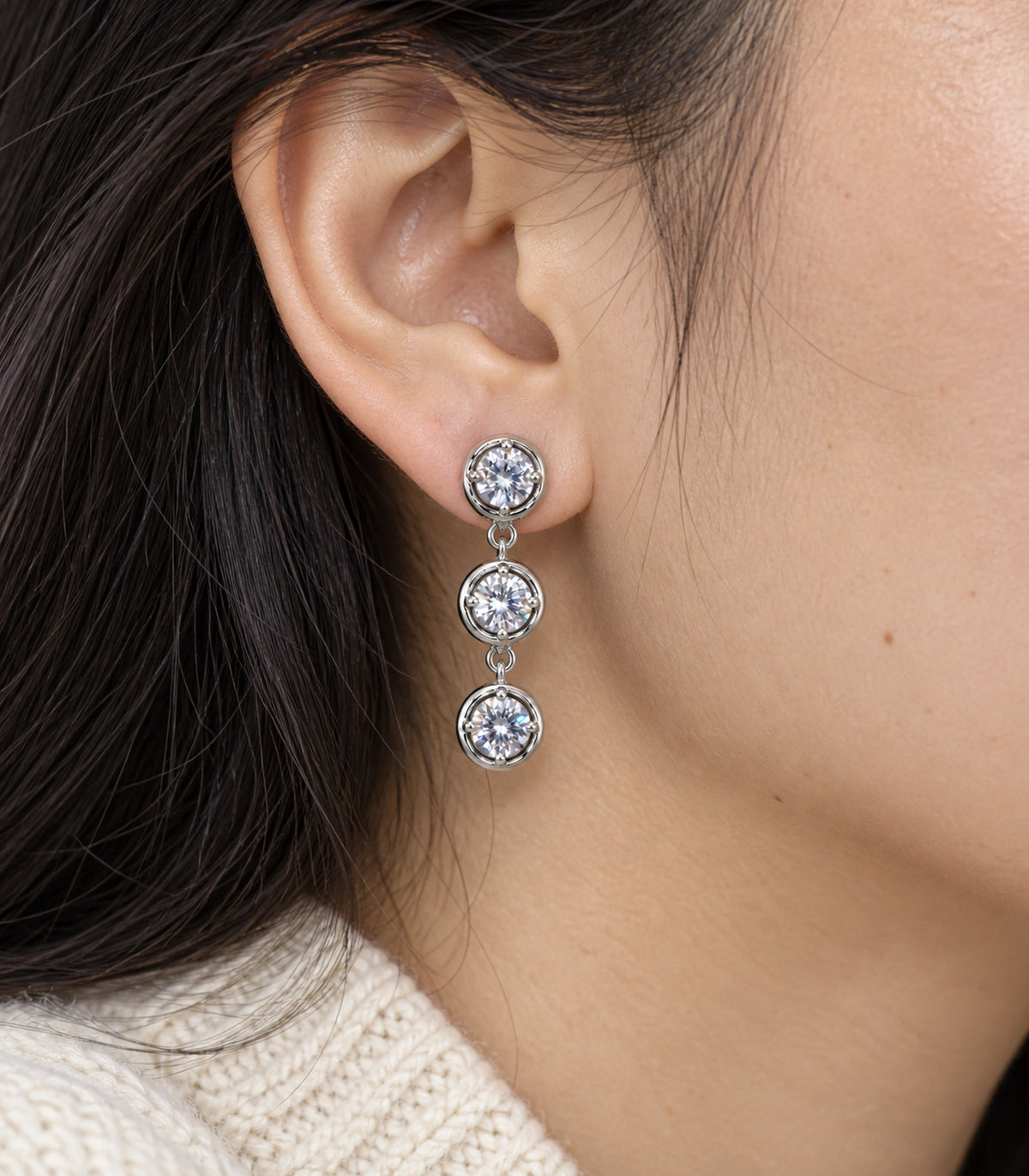 JIMIKI Three Round Crystal Drop Earring Pair in Silver tone/Clear, close-up detail #color_silver tone/clear