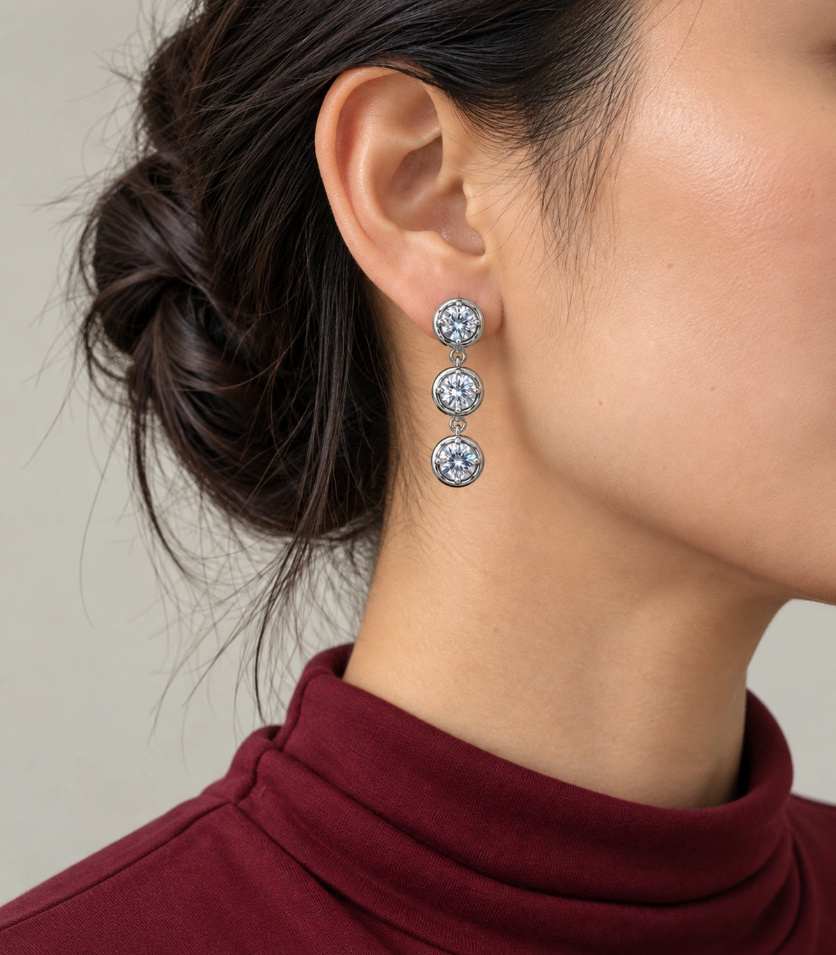 JIMIKI Three Round Crystal Drop Earring Pair in Silver tone/Clear, editorial model view #color_silver tone/clear
