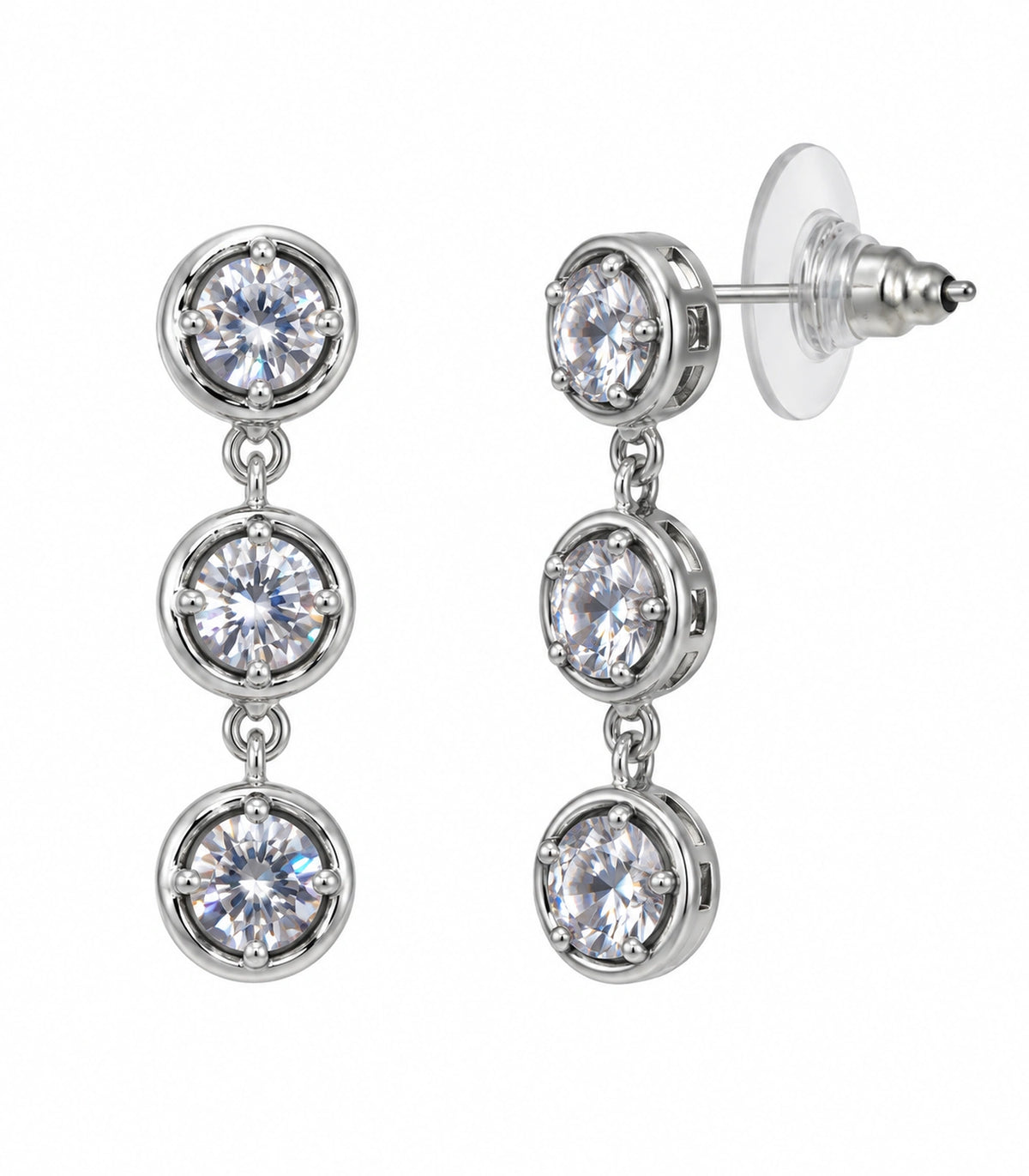 JIMIKI Three Round Crystal Drop Earring Pair in Silver tone/Clear, white background product view #color_silver tone/clear