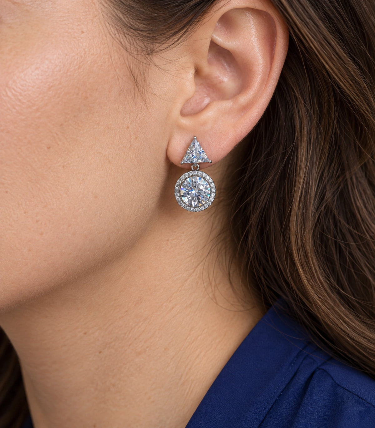 JIMIKI Triangle Round Halo Crystal Drop Earring Pair in Silver Tone, close-up detail #color_silver tone