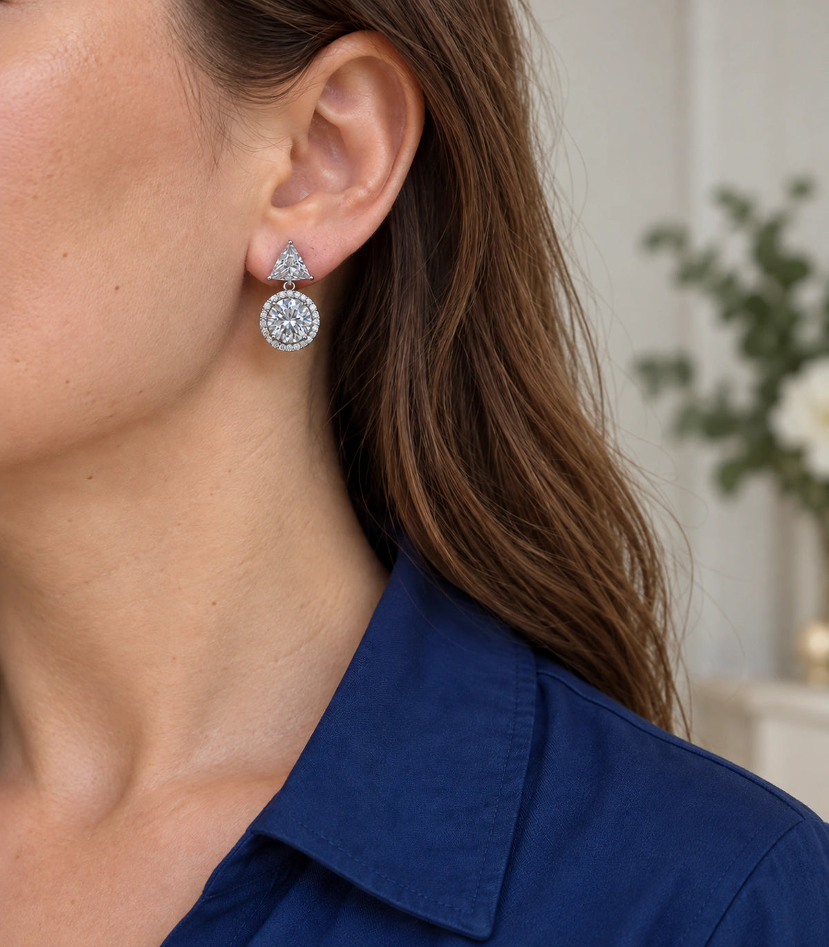 JIMIKI Triangle Round Halo Crystal Drop Earring Pair in Silver Tone, model wearing view #color_silver tone