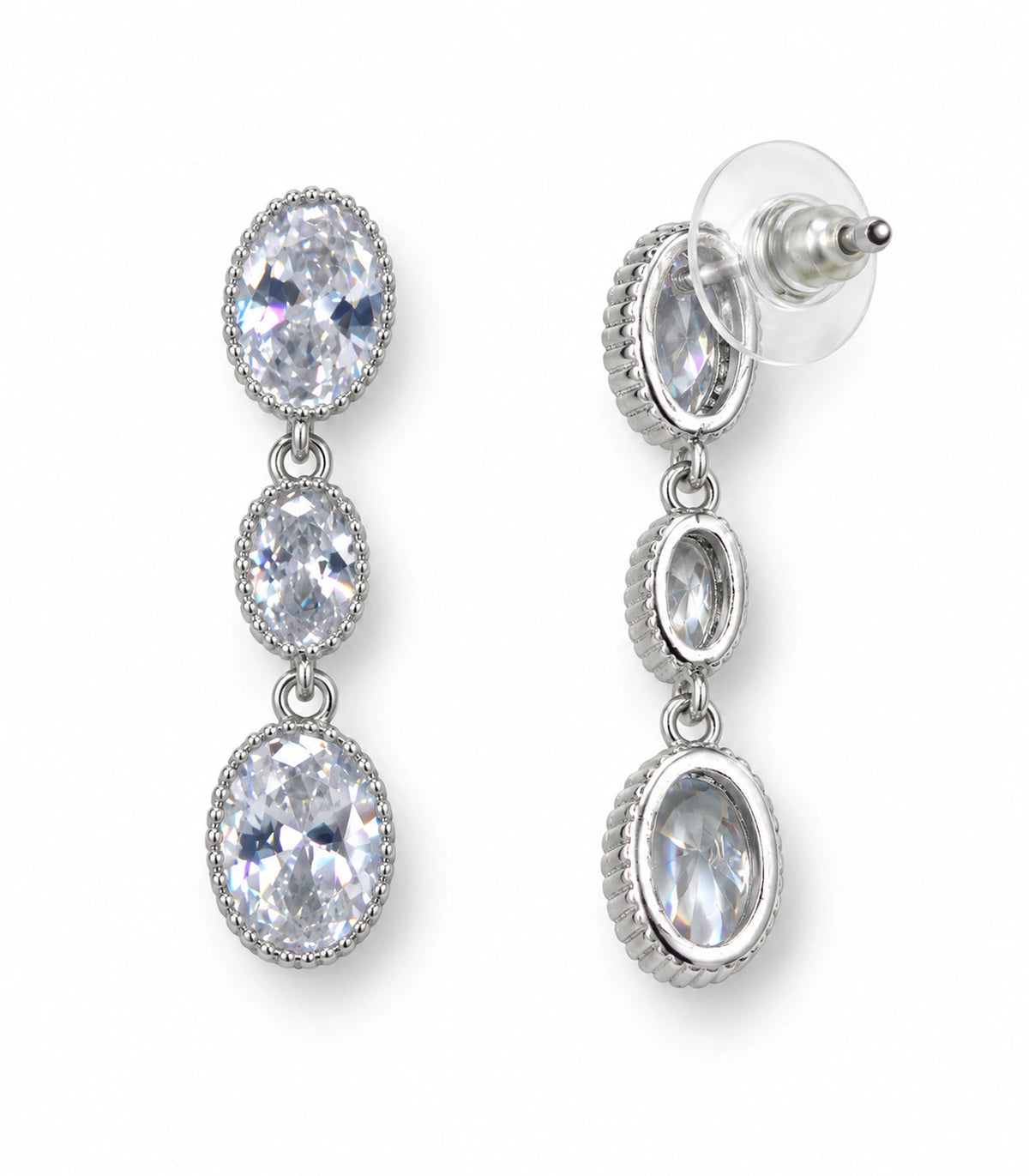 JIMIKI Triple Oval Crystal Drop Earrings in Silver tone, white background product view #color_silver tone