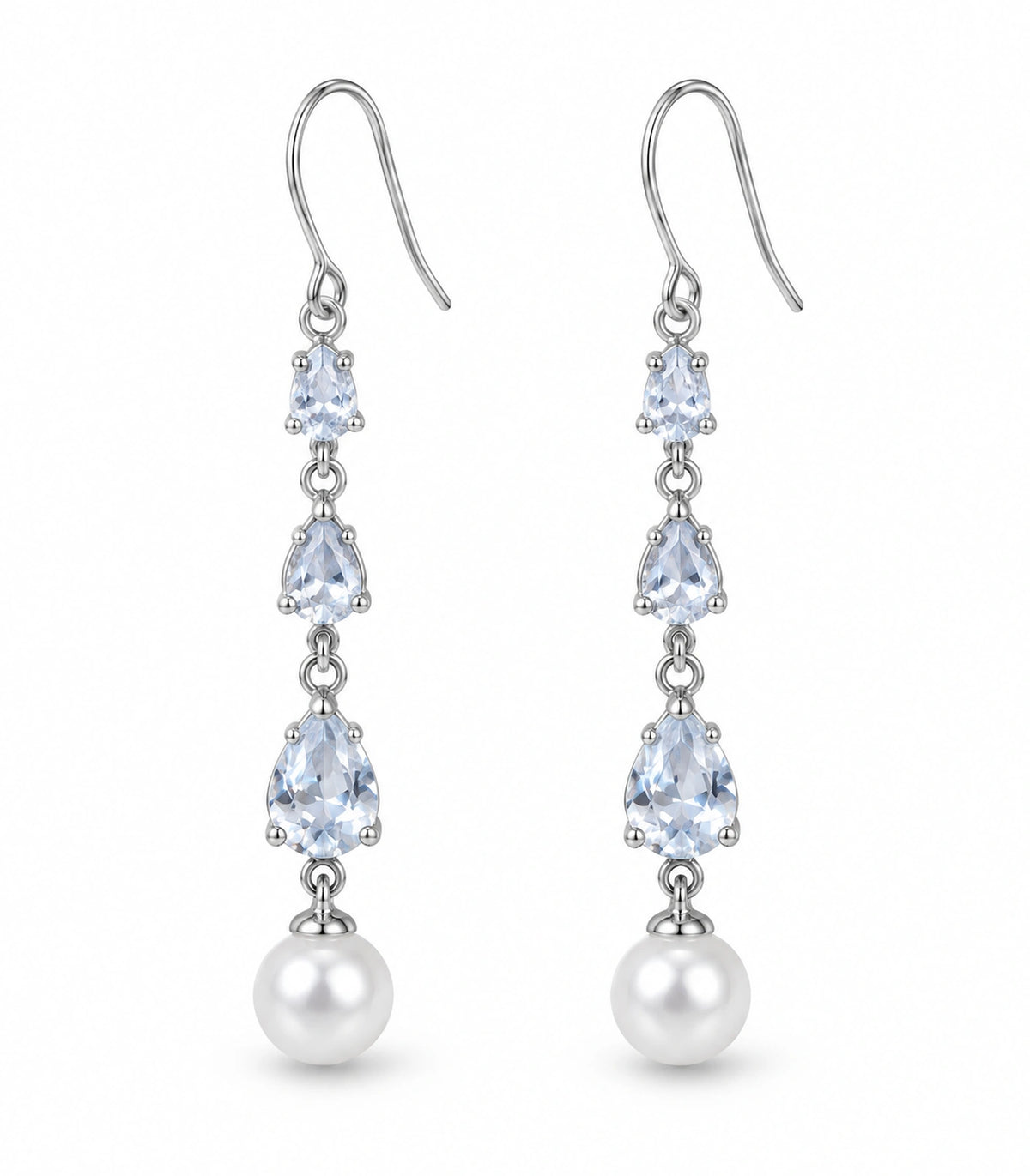 JIMIKI Silver-Tone Triple Pear Crystal Pearl Drop Earrings in Silver Tone, white background product view