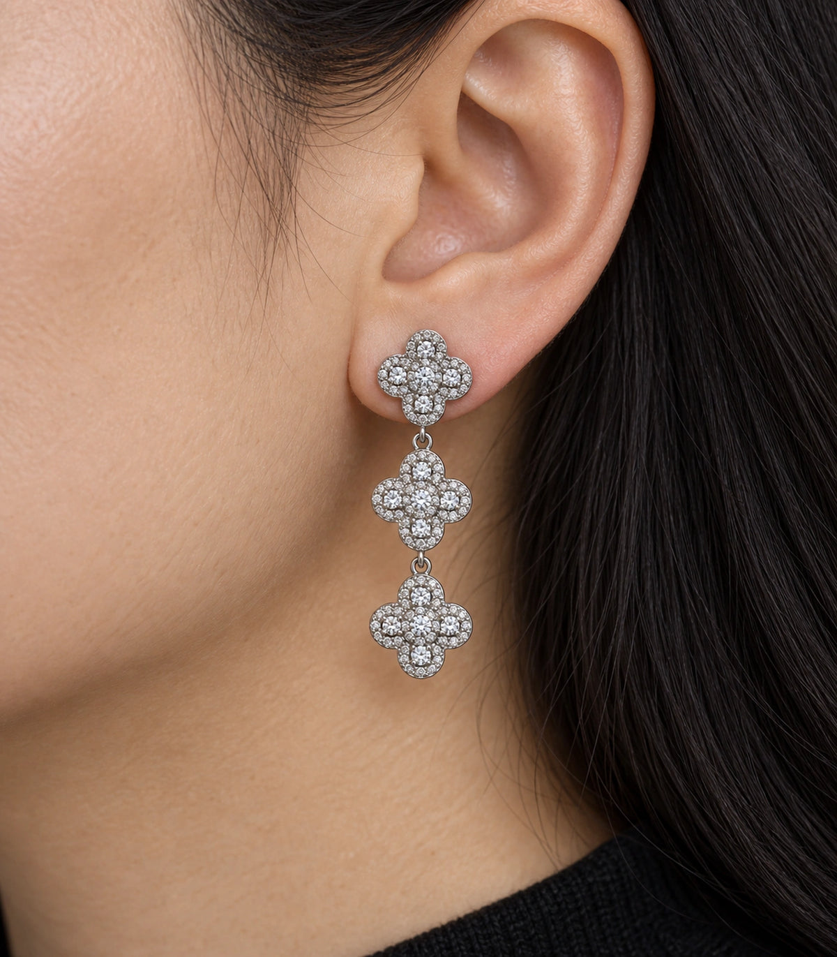 JIMIKI Pave Triple Quatrefoil Drop Earring Pair in Silver tone, close-up detail #color_silver tone