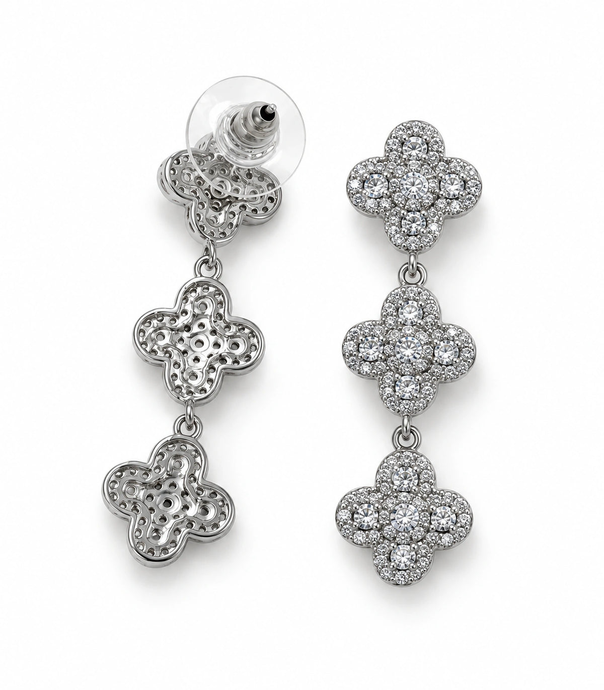 JIMIKI Pave Triple Quatrefoil Drop Earring Pair in Silver tone, white background product view #color_silver tone