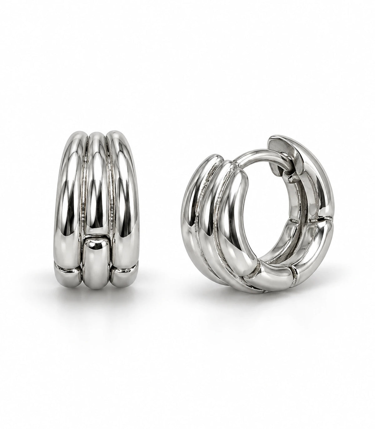 JIMIKI Triple-Ridge Huggie Hoop Earrings in Silver - white-background #color_silver