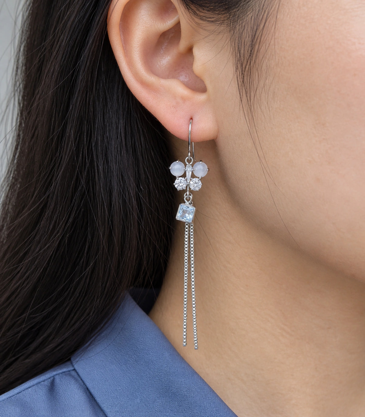 JIMIKI Silver Tone White Butterfly Square Chain Tassel Earring Pair in Silver-tone, close-up detail