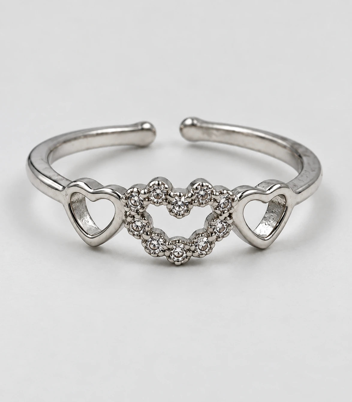 JIMIKI Triple Heart Crystal Adjustable Ring in Silver - close-up details #color_silver
