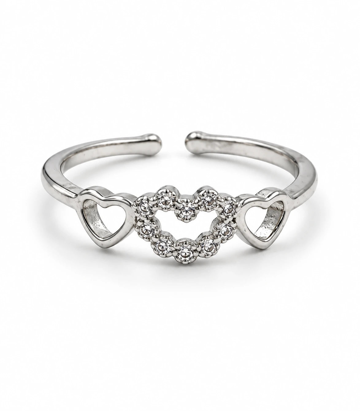 JIMIKI Triple Heart Crystal Adjustable Ring in Silver - ring on white #color_silver