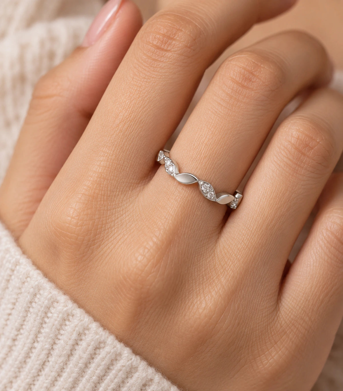 JIMIKI Twisted Leaf Crystal Adjustable Ring in Silver - close-up details #color_silver
