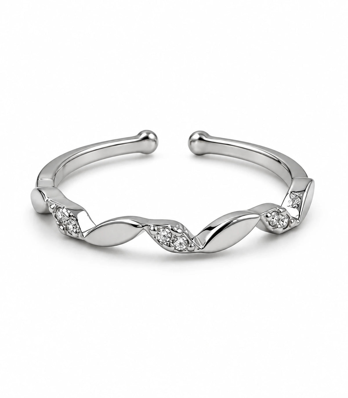 JIMIKI Twisted Leaf Crystal Adjustable Ring in Silver - ring on white #color_silver
