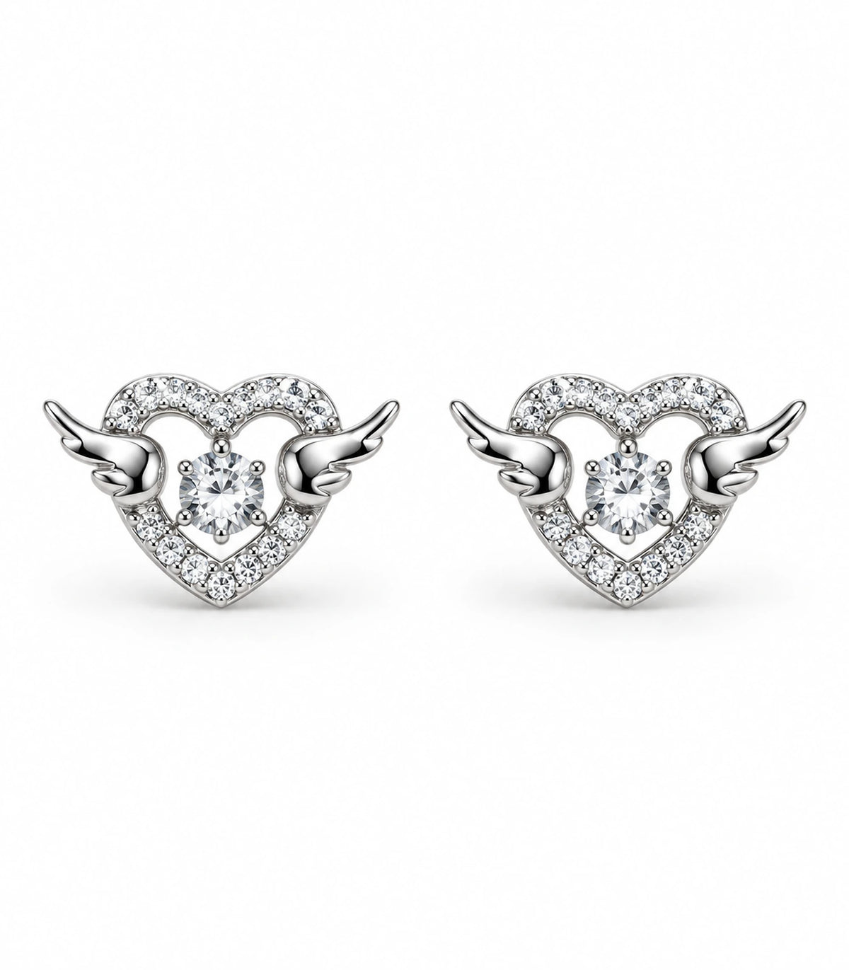 JIMIKI Winged Heart Crystal Stud Earrings in Silver — pair on white background #color_silver