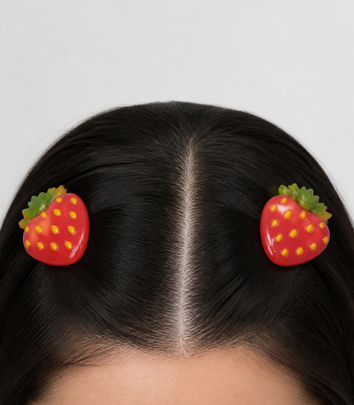 Strawberry Barrette Pair worn in hair