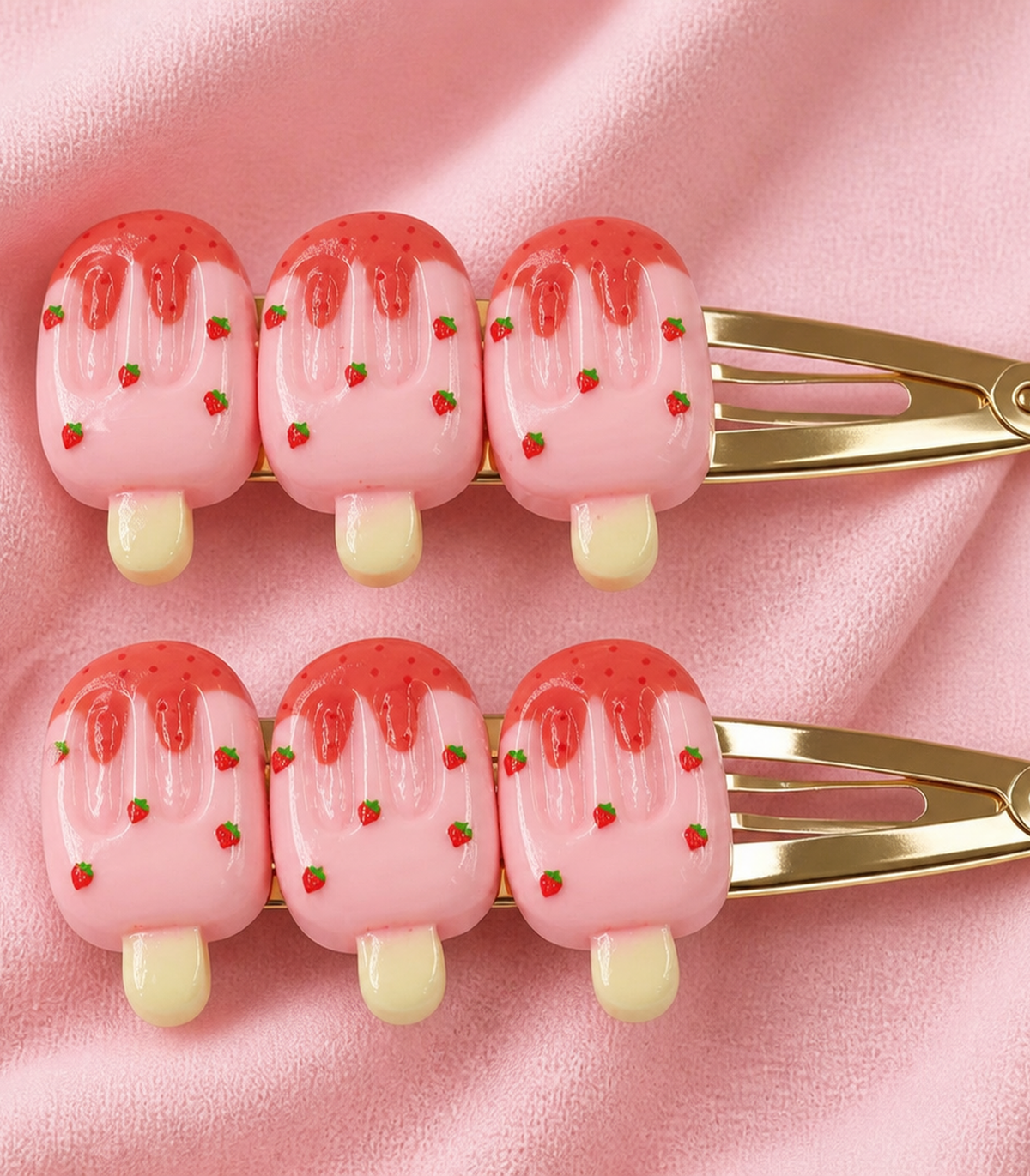Strawberry Iced Pop Trio Clip Pair in an editorial flat lay