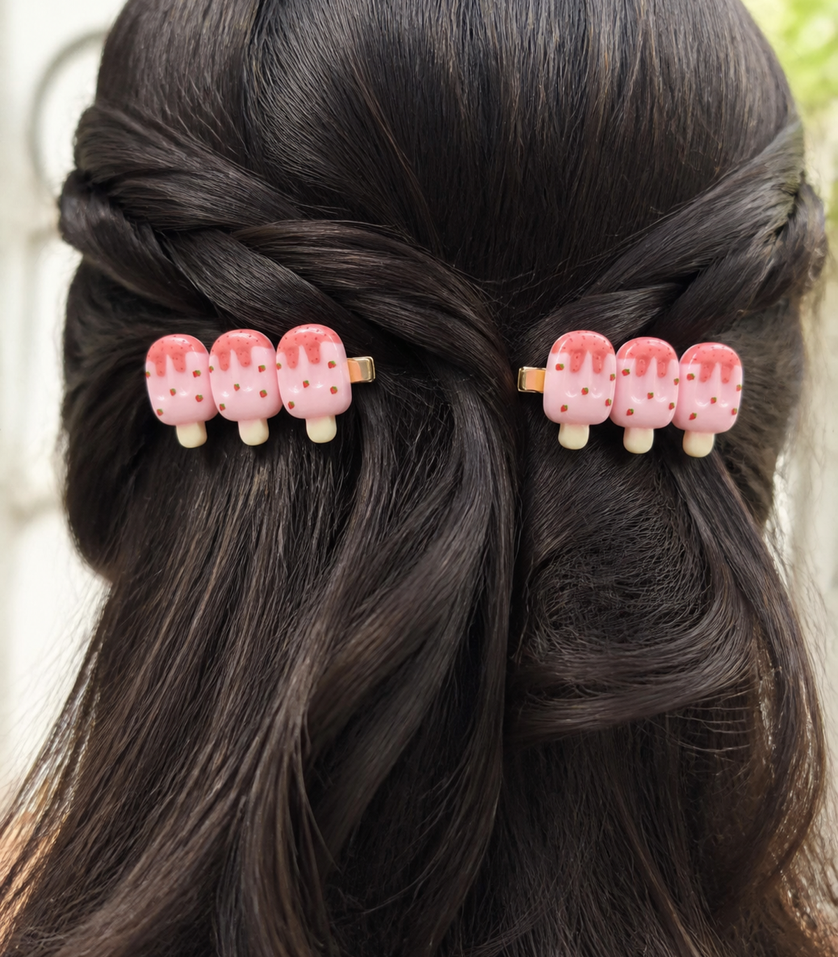 Strawberry Iced Pop Trio Clip Pair in a styled editorial view