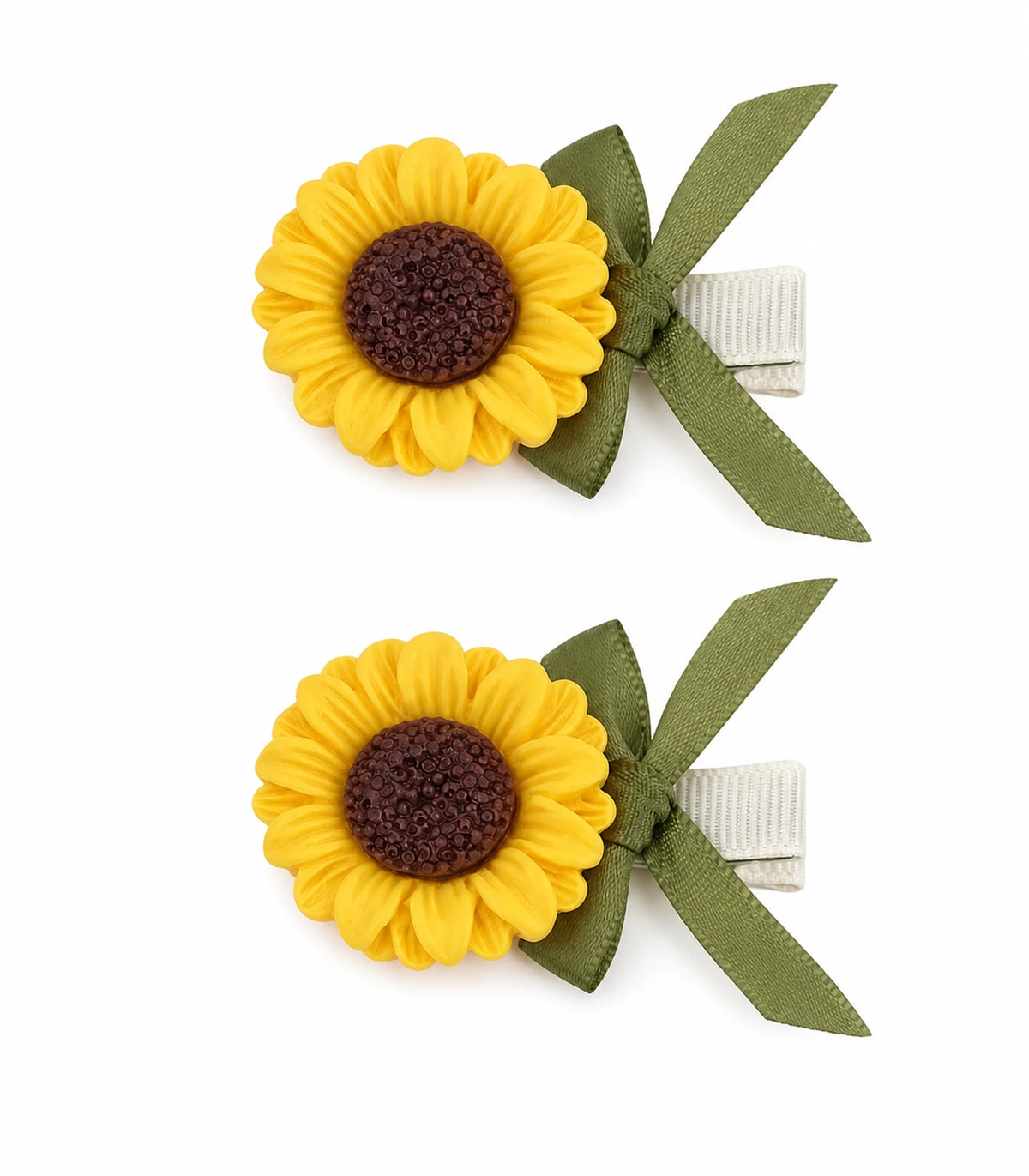 Sunflower Olive Ribbon Clip Pair on a clean white background