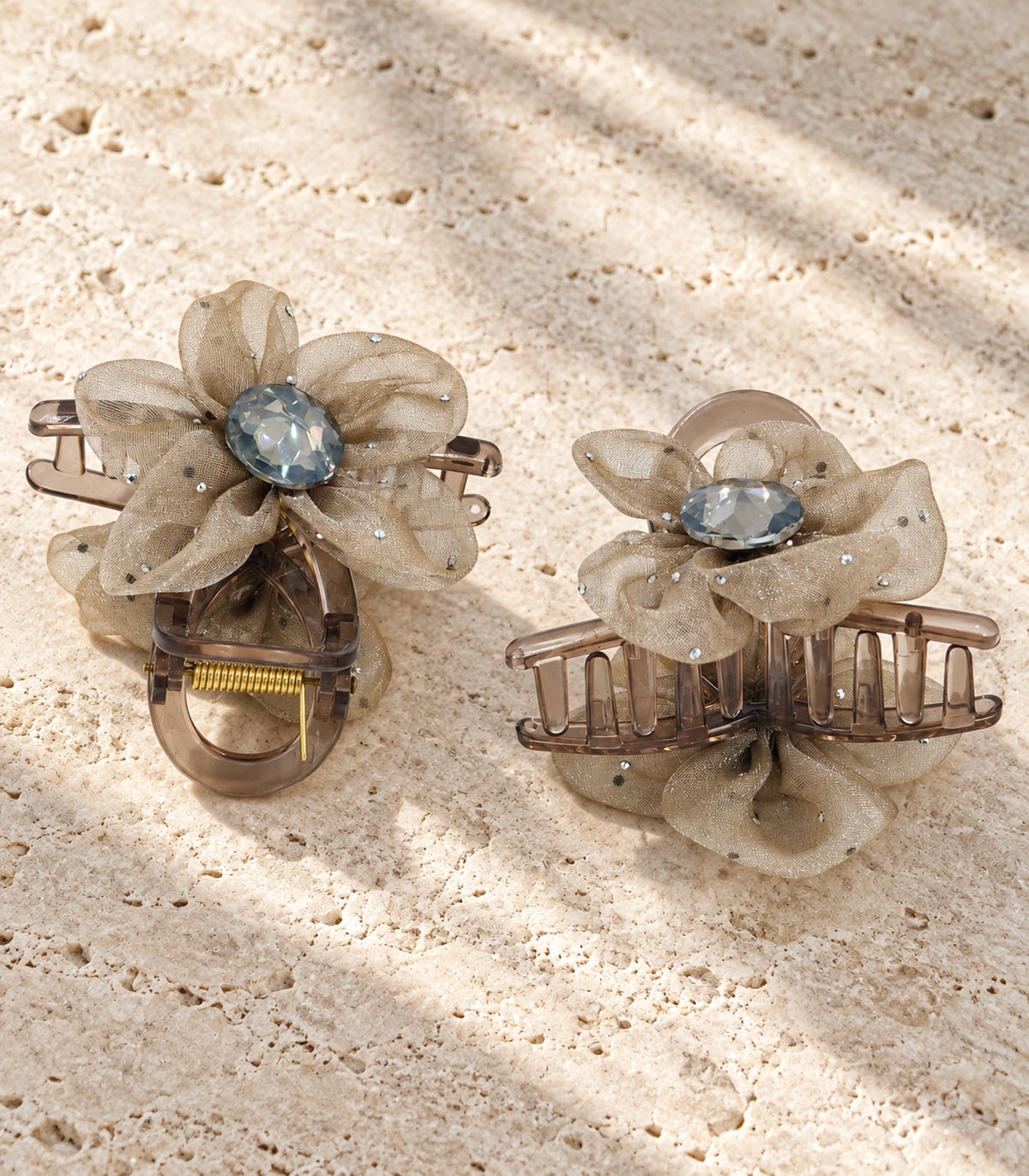 JIMIKI Organza Flower Crystal Hair Claw Clips in Taupe, editorial flat lay #color_taupe