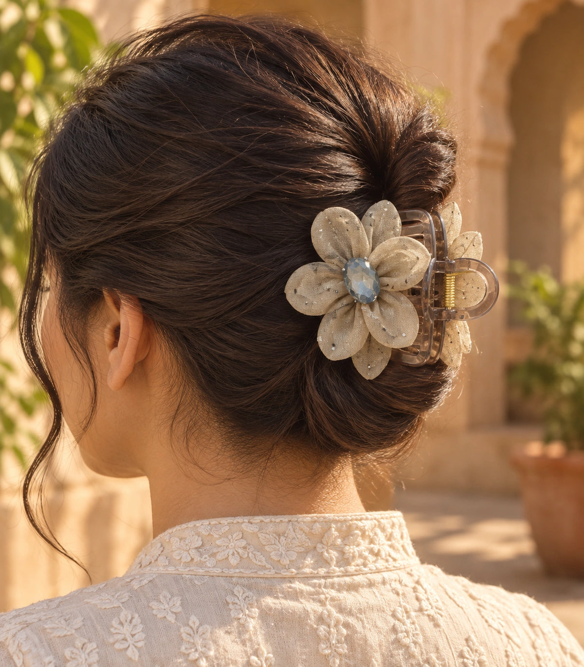 JIMIKI Organza Flower Crystal Hair Claw Clips in Taupe, editorial model view #color_taupe