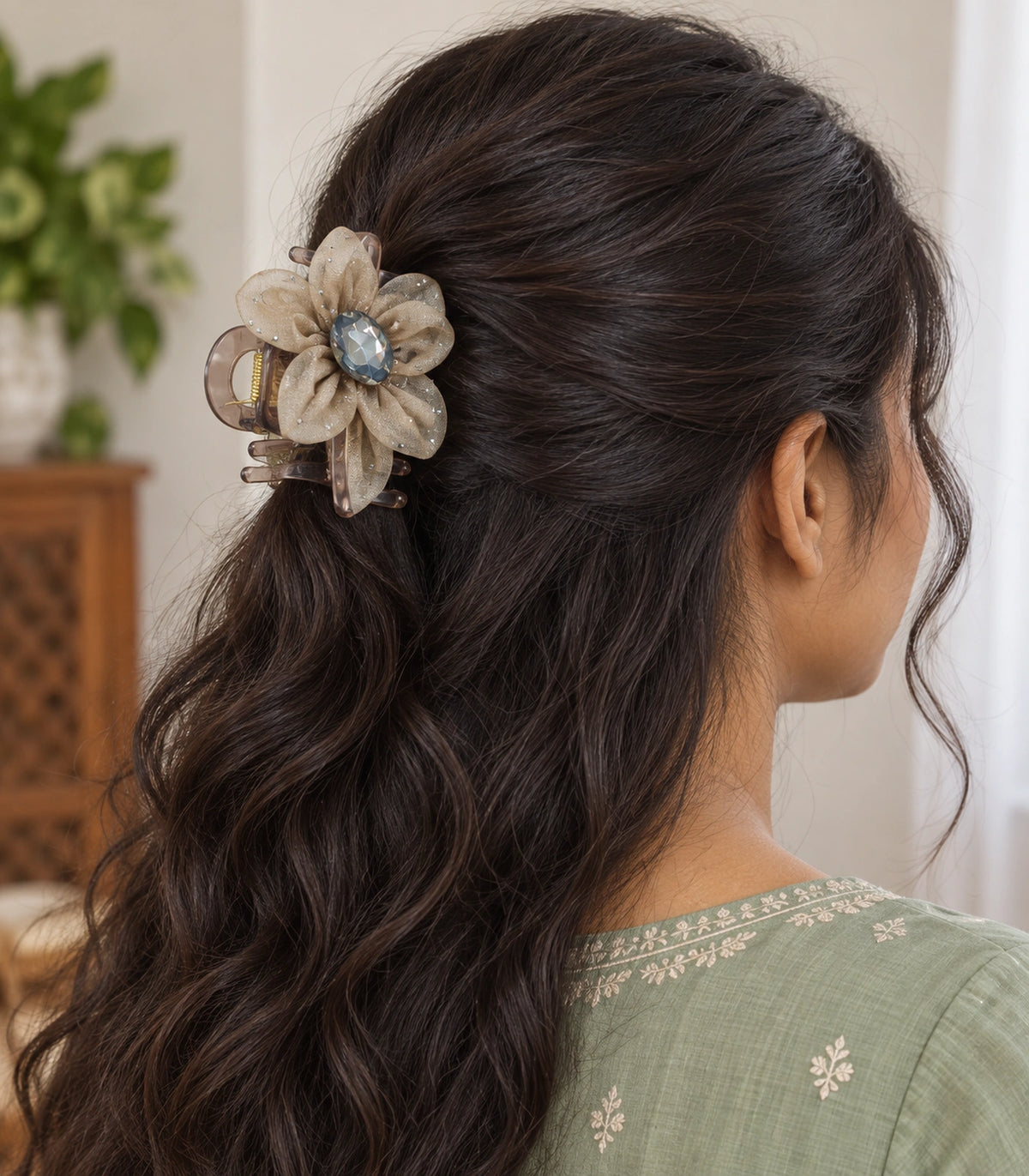 JIMIKI Organza Flower Crystal Hair Claw Clips in Taupe, model wearing view #color_taupe