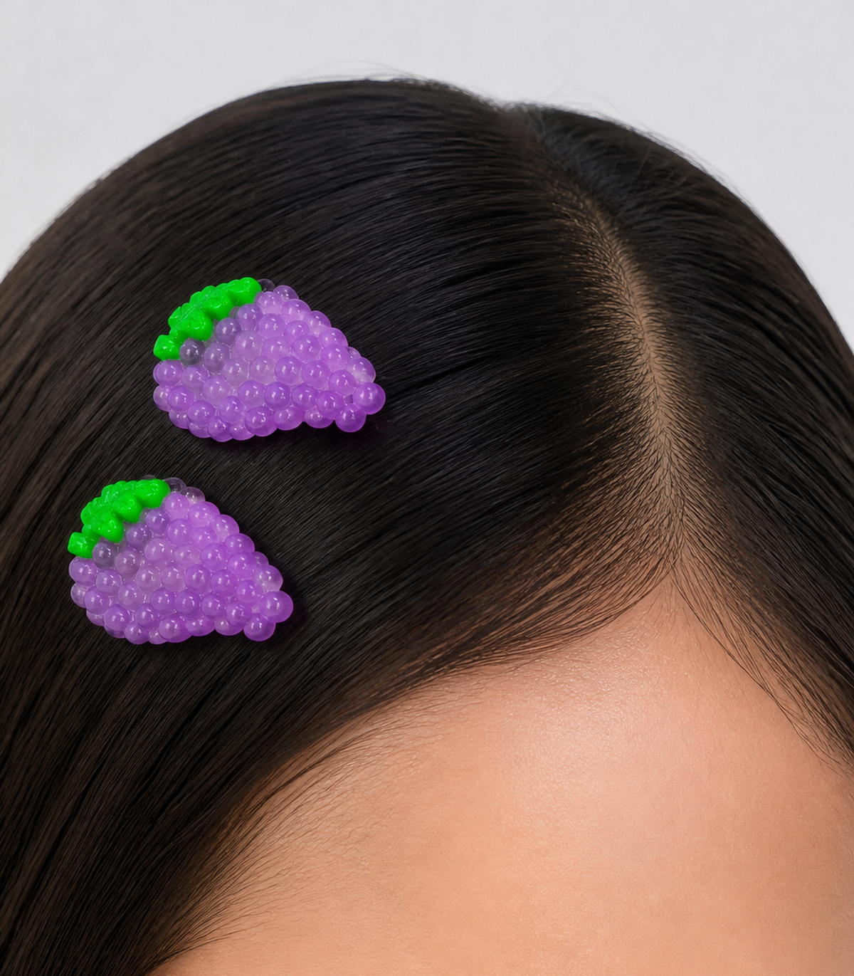 Triangular Grape Barrette Pair worn in hair