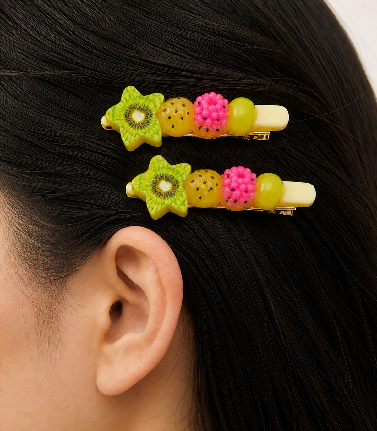 Tropical Fruit Skewer Barrette Pair in close-up detail