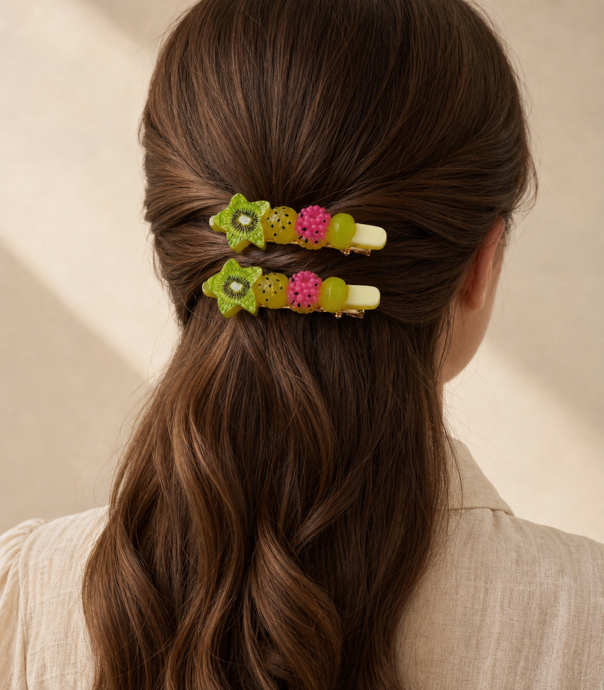 Tropical Fruit Skewer Barrette Pair in a styled editorial view