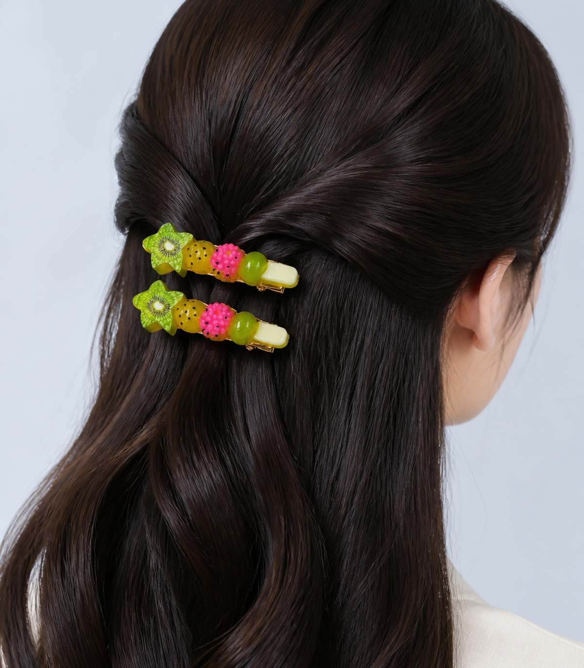 Tropical Fruit Skewer Barrette Pair worn in hair