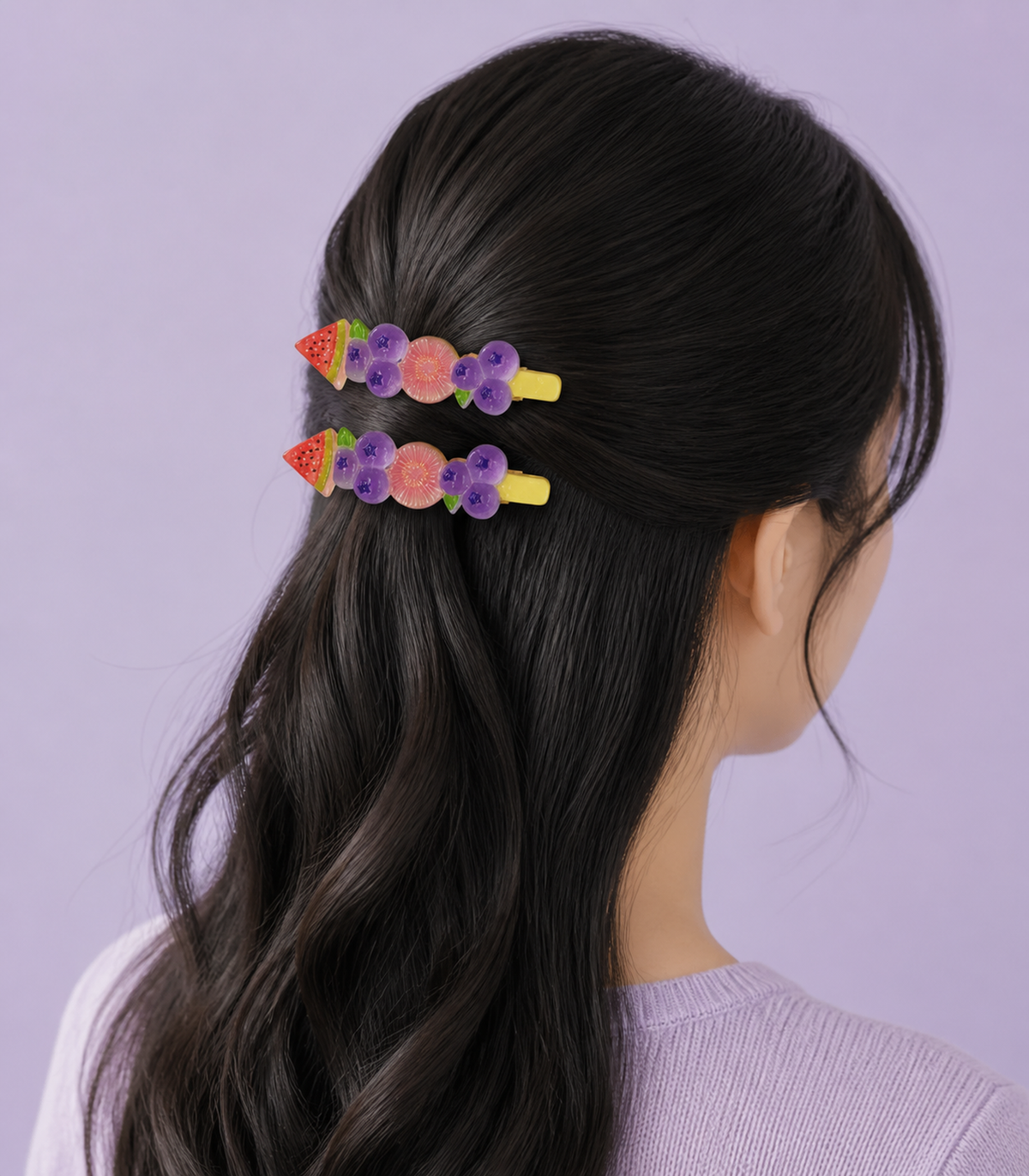 Watermelon Blueberry Citrus Barrette Pair worn in hair