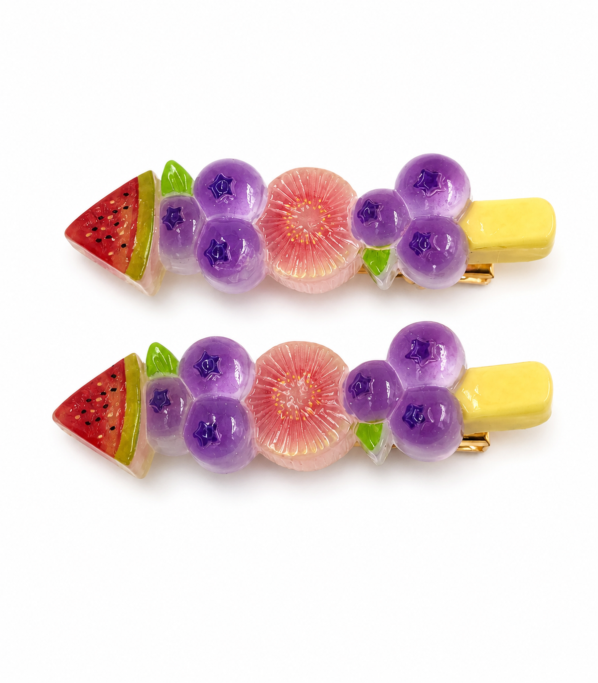 Watermelon Blueberry Citrus Barrette Pair on a white background