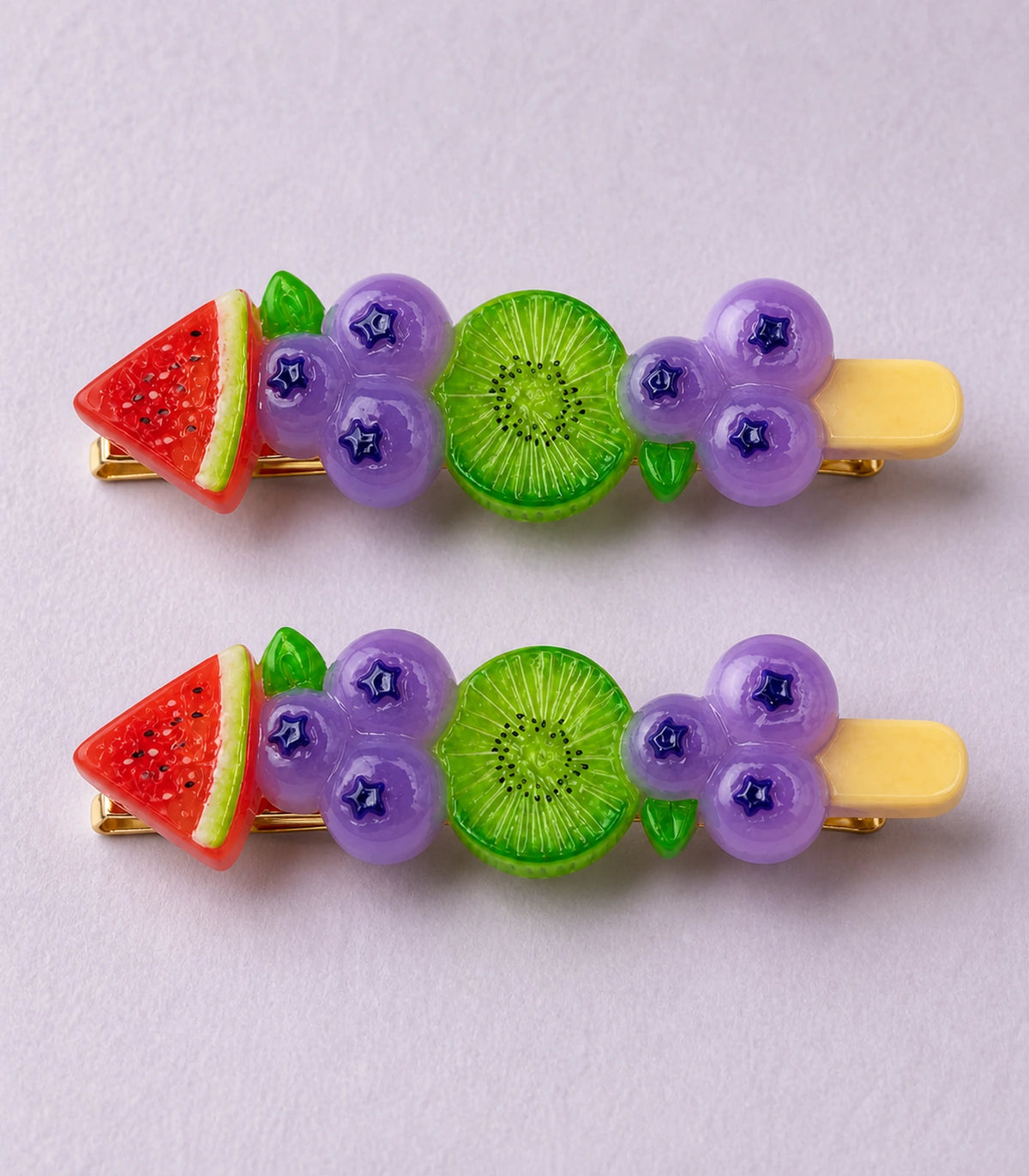 Close-up of the Watermelon Blueberry Kiwi Barrette Pair details