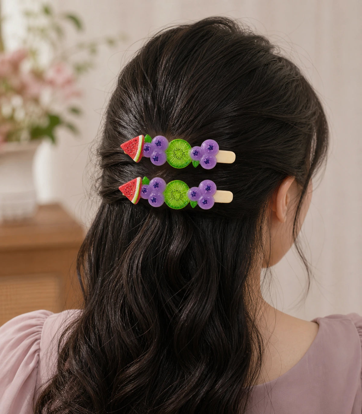 Editorial model view of the Watermelon Blueberry Kiwi Barrette Pair