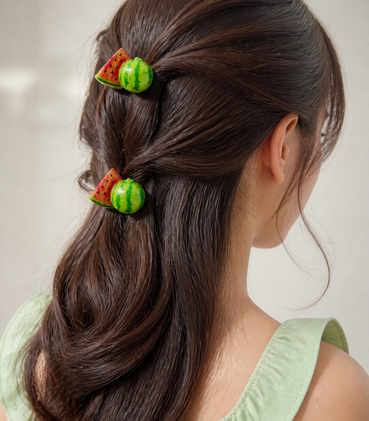 Watermelon Slice Barrette Pair styled editorial view