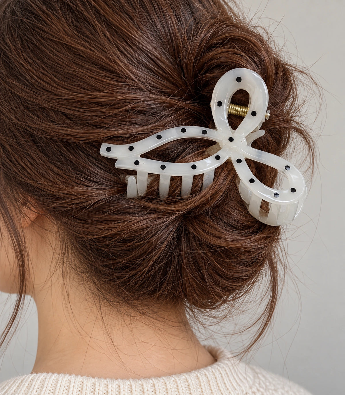JIMIKI Polka Dot Openwork Bow Hair Claw Clips in White / Black, close-up detail #color_white / black