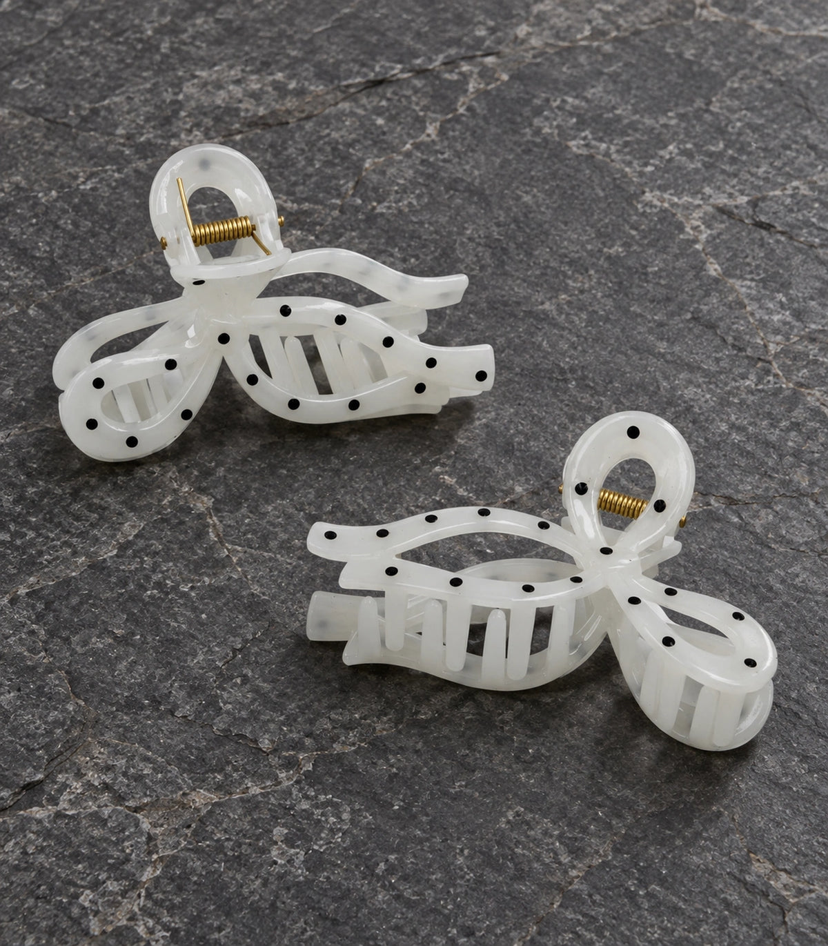JIMIKI Polka Dot Openwork Bow Hair Claw Clips in White / Black, editorial flat lay #color_white / black