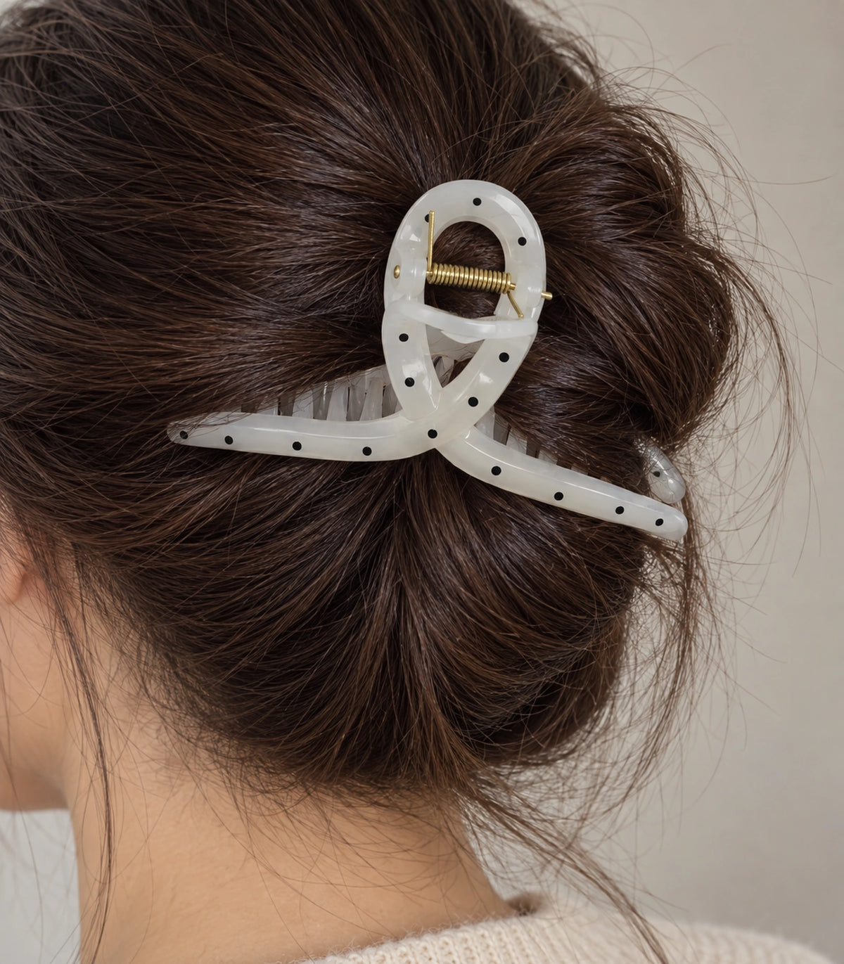 JIMIKI Polka Dot Slim Bow Hair Claw Clips in White / Black, close-up detail #color_white / black