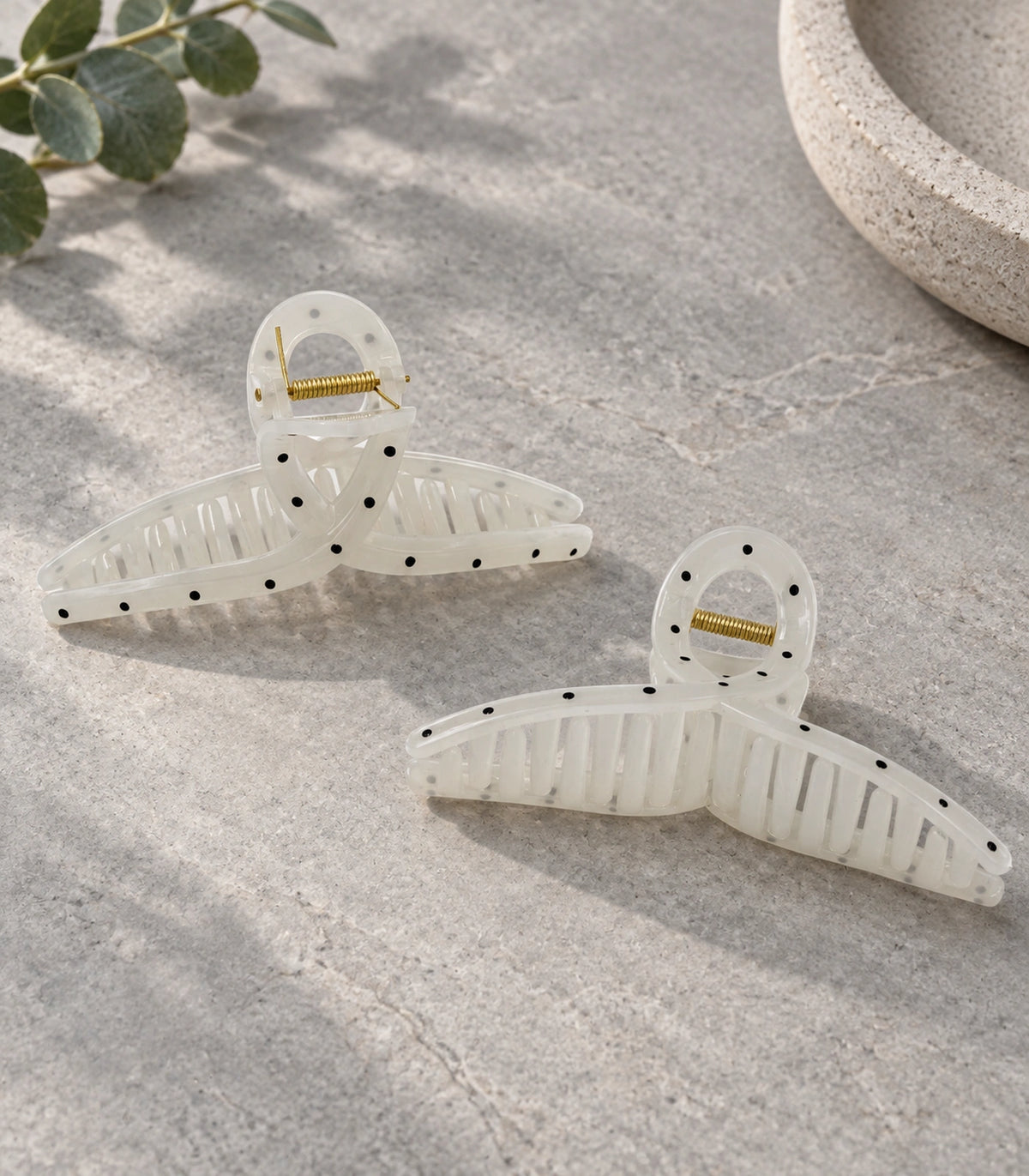 JIMIKI Polka Dot Slim Bow Hair Claw Clips in White / Black, editorial flat lay #color_white / black