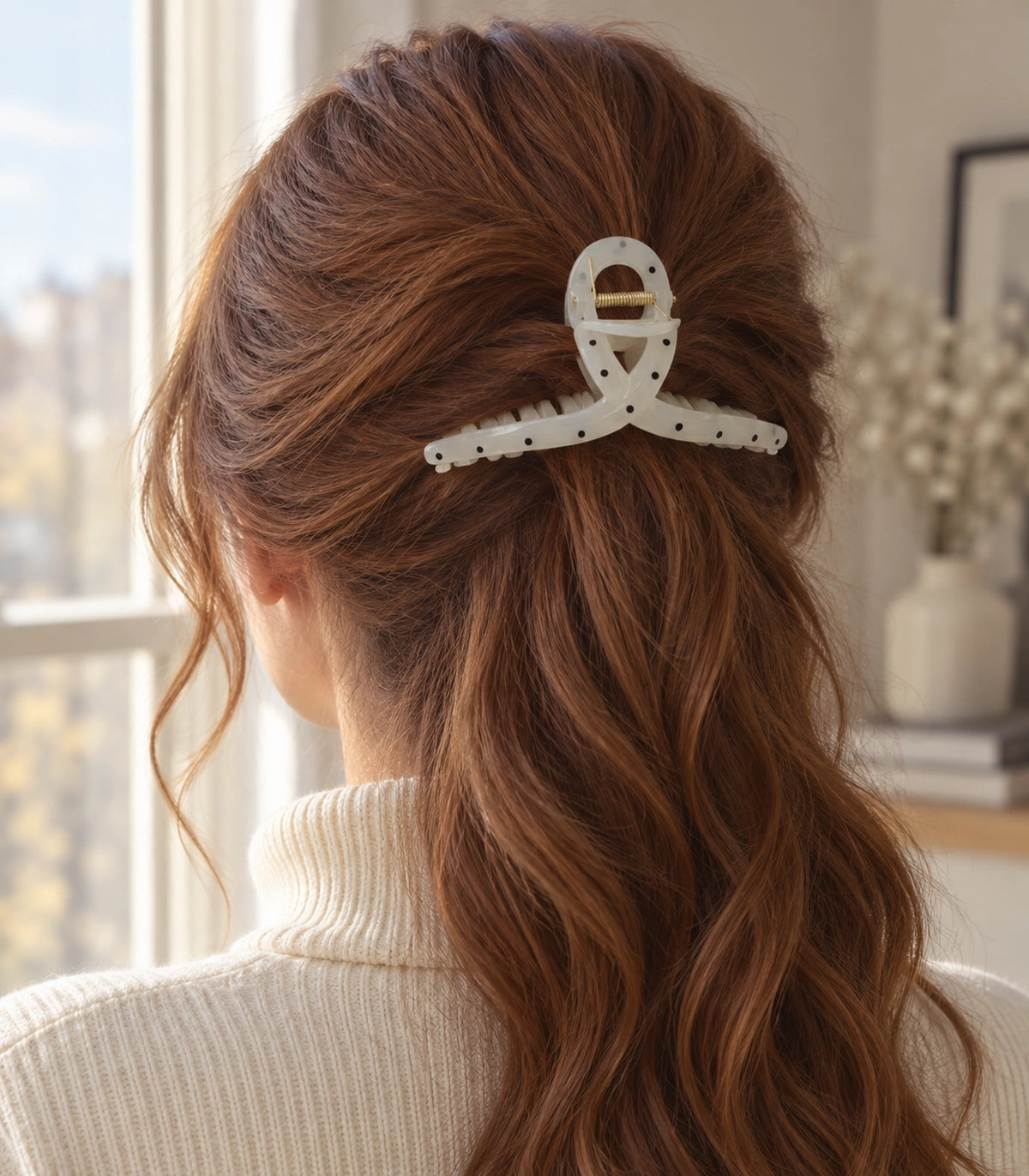 JIMIKI Polka Dot Slim Bow Hair Claw Clips in White / Black, editorial model view #color_white / black