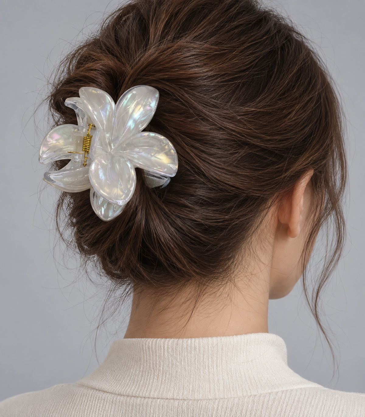 JIMIKI Iridescent Five Petal Flower Hair Claw Clips in White, model wearing view #color_white