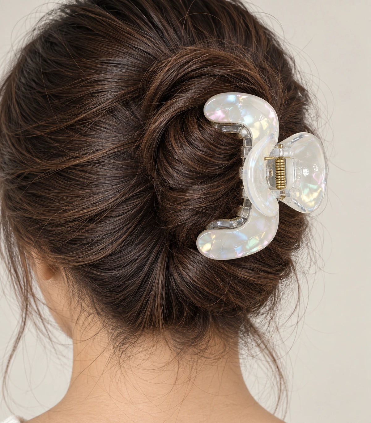 JIMIKI Iridescent S Shaped Hair Claw Clips in White, close-up detail #color_white