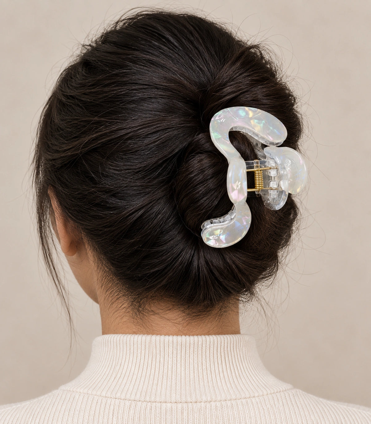 JIMIKI Iridescent S Shaped Hair Claw Clips in White, model wearing view #color_white