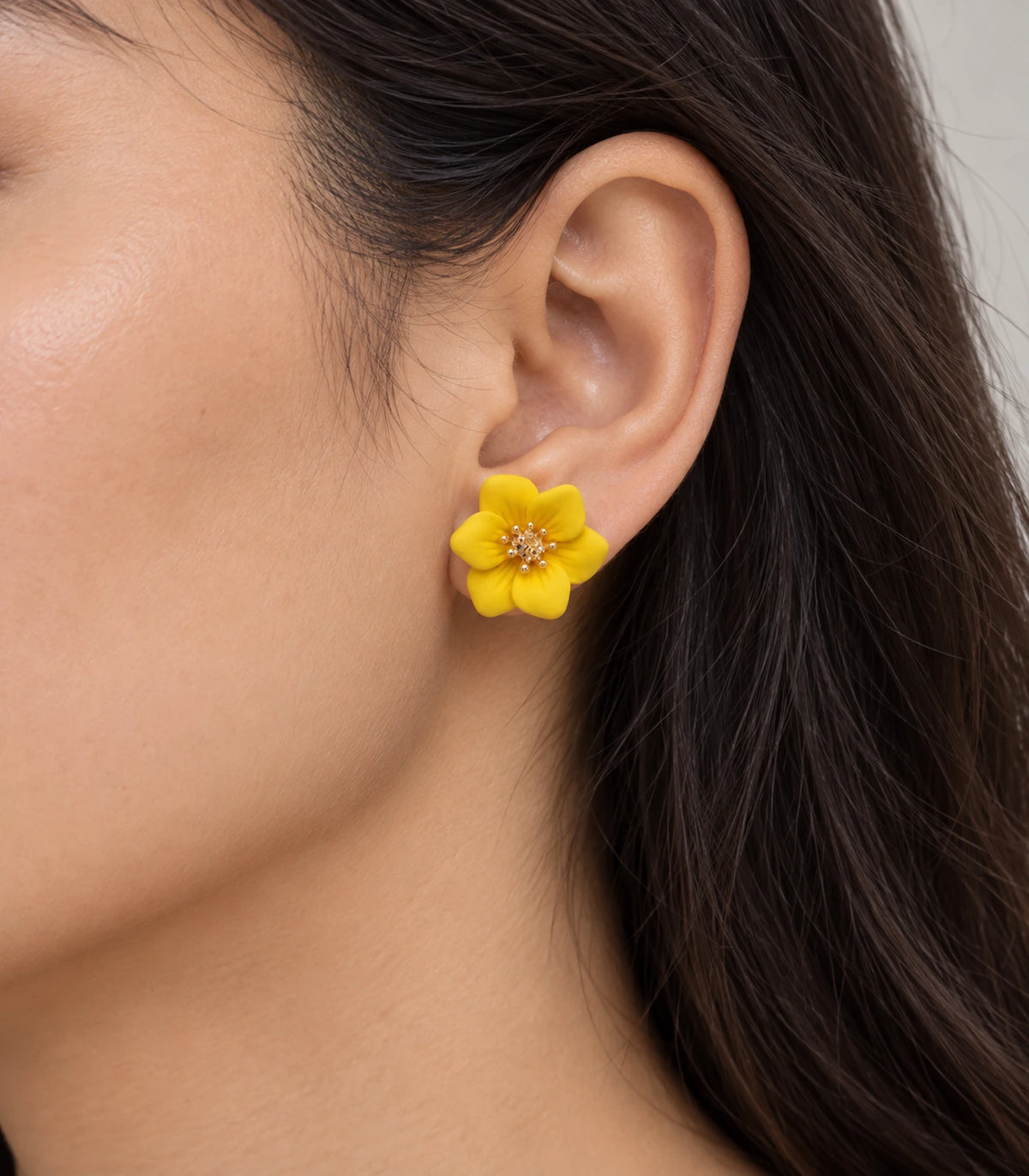 JIMIKI Yellow compact six petal flower stud earrings, flower stud worn at the ear #color_yellow