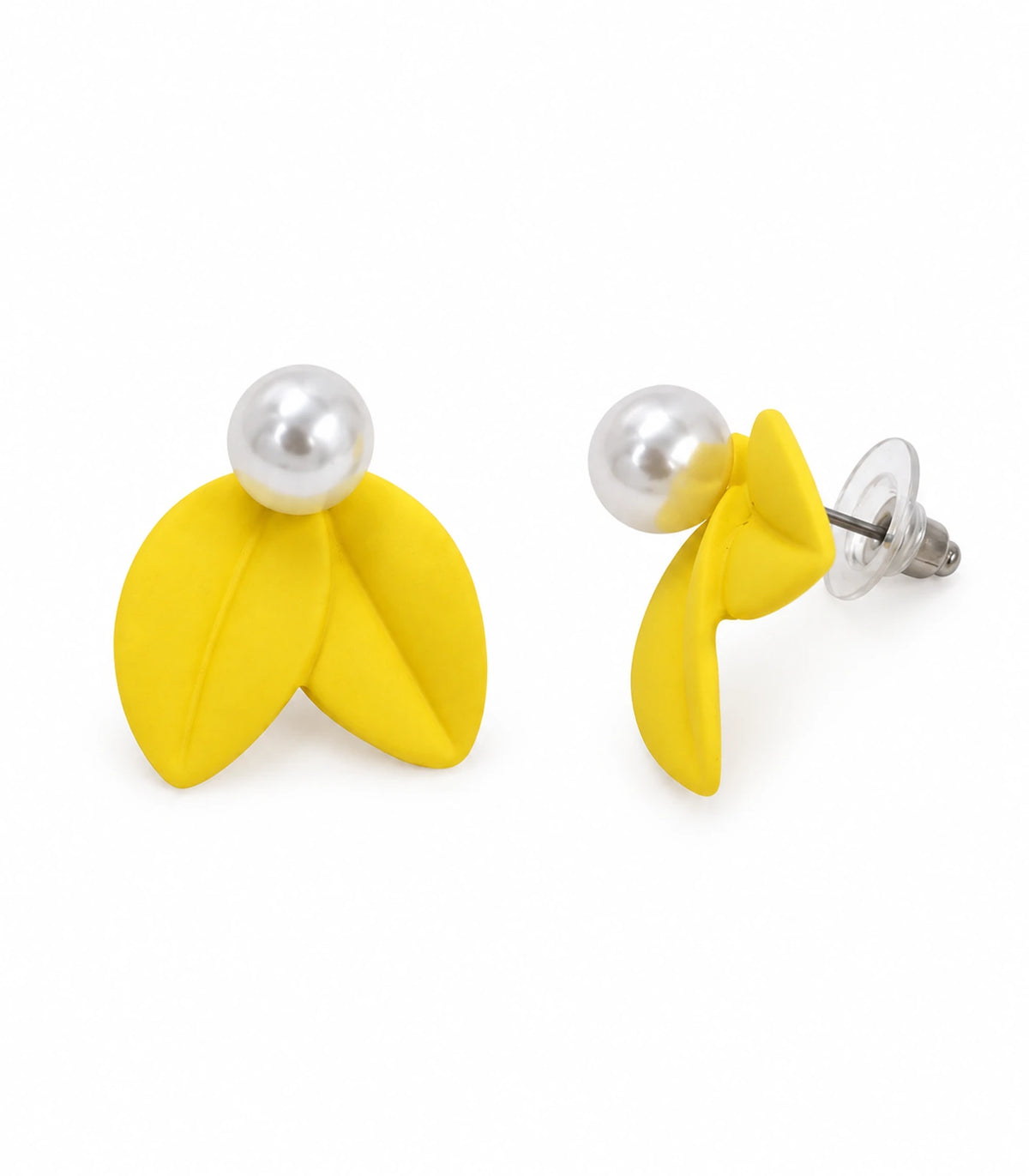 JIMIKI Double Leaf Pearl Stud Earrings in Yellow — pair on white background #color_yellow