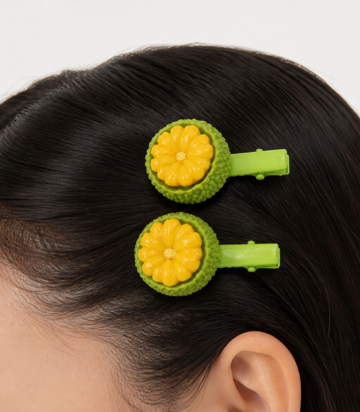 Yellow Flower Fruit Barrette Pair worn in hair