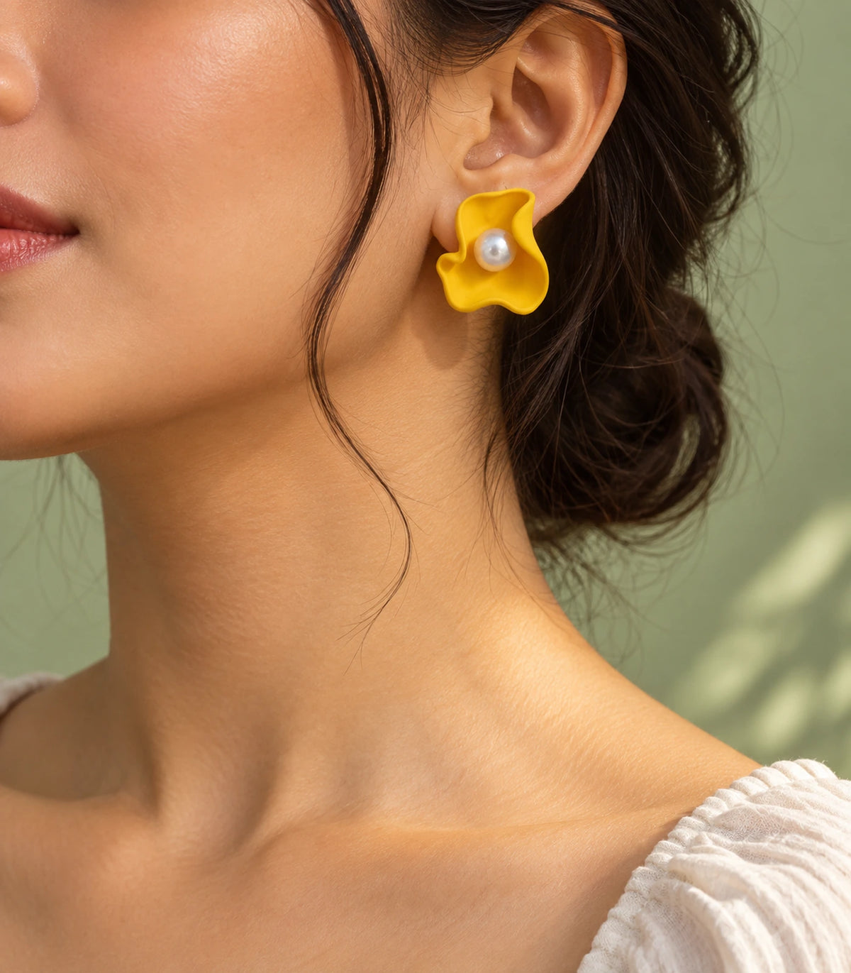 JIMIKI Folded Calla Pearl Stud Earrings, Yellow — earrings styled with an outfit #color_yellow