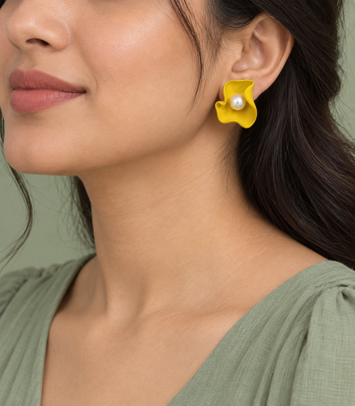 JIMIKI Folded Calla Pearl Stud Earrings, Yellow — worn on the ear #color_yellow