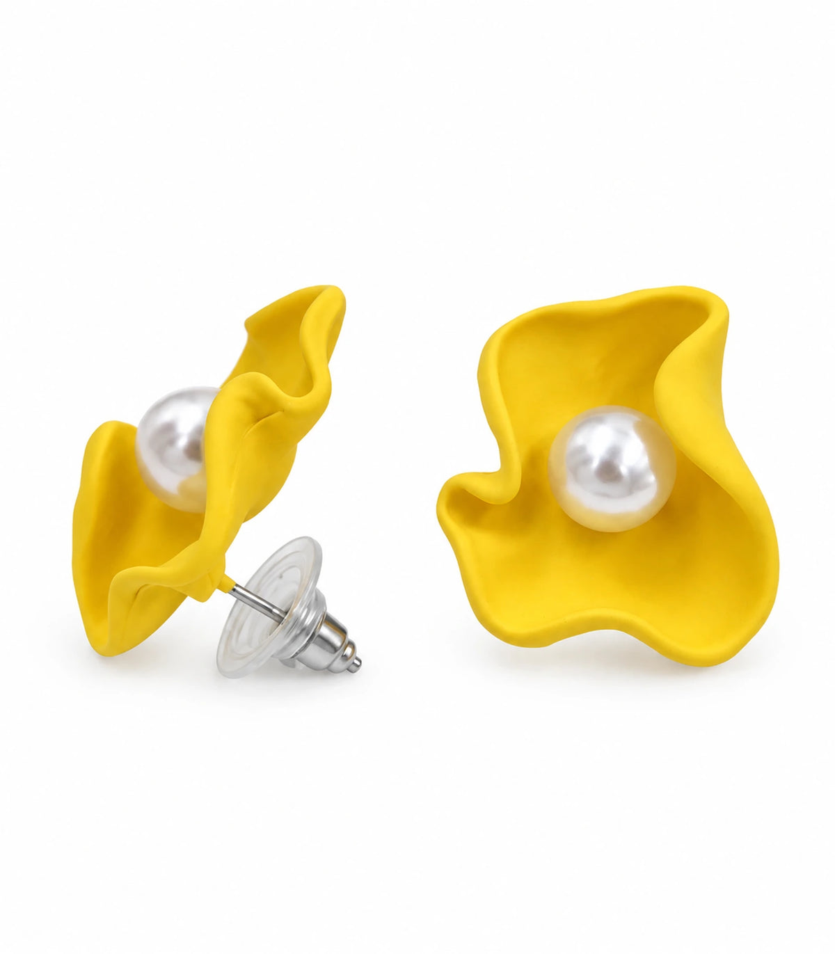 JIMIKI Folded Calla Pearl Stud Earrings, Yellow — pair on white background #color_yellow